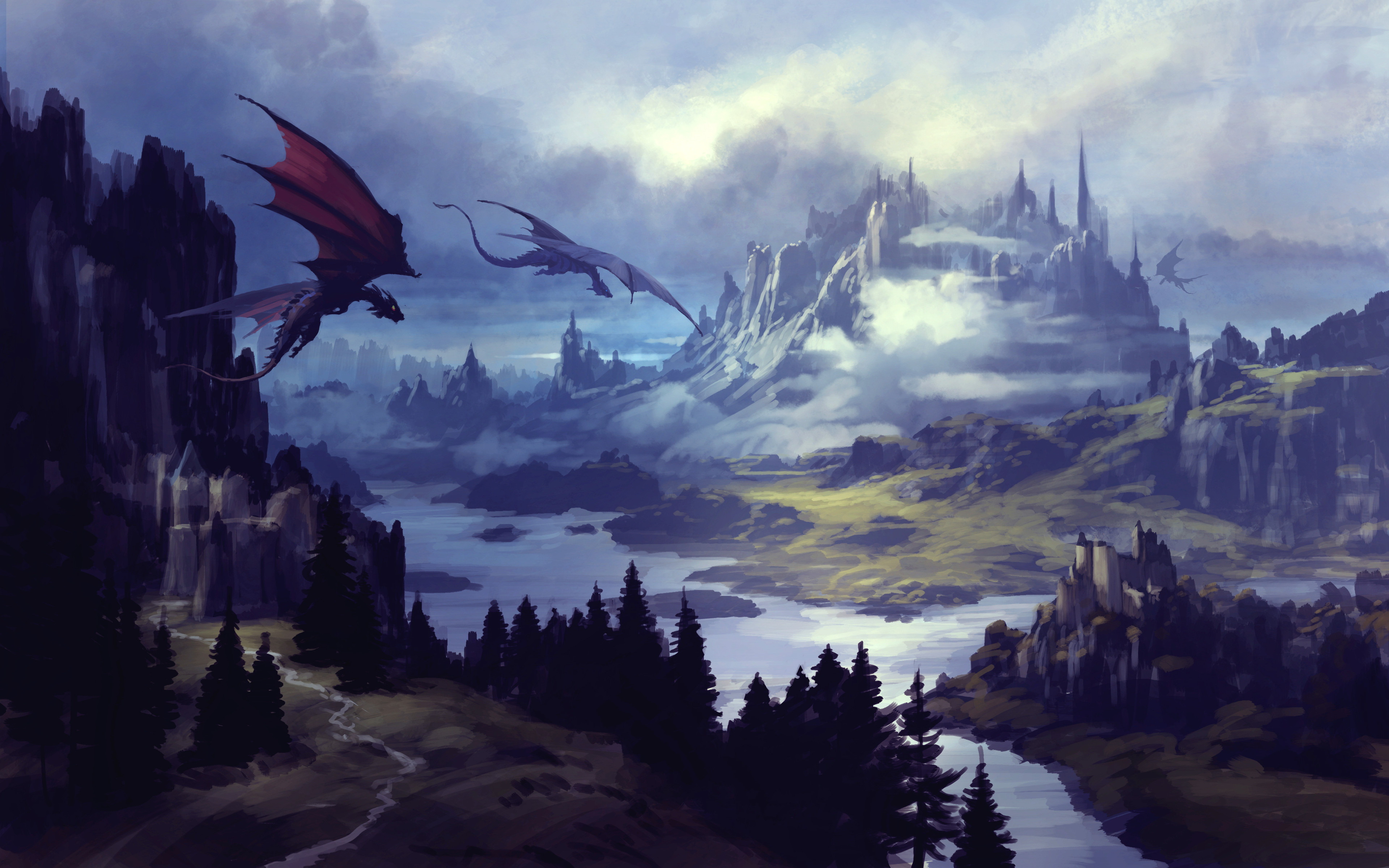 艺术品 幻想艺术 龙 景观 河流 山脉 西方龙 城堡 4K高清壁纸 3840×2400