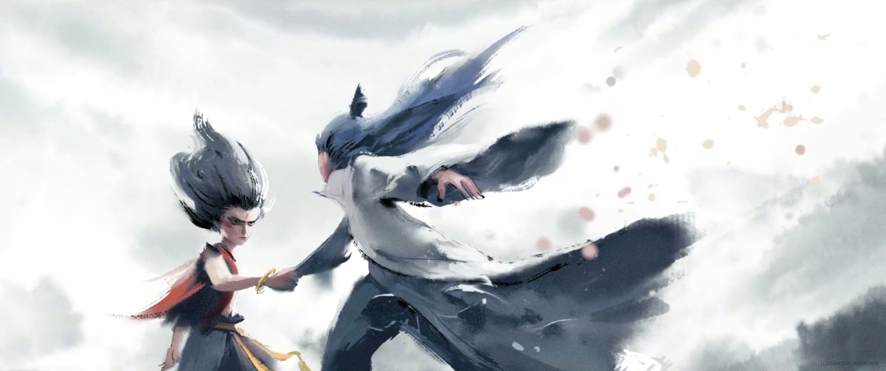 超清哪吒 敖丙 拉手 水墨 带鱼屏魔童闹海 2K 无水印壁纸 3440×1440