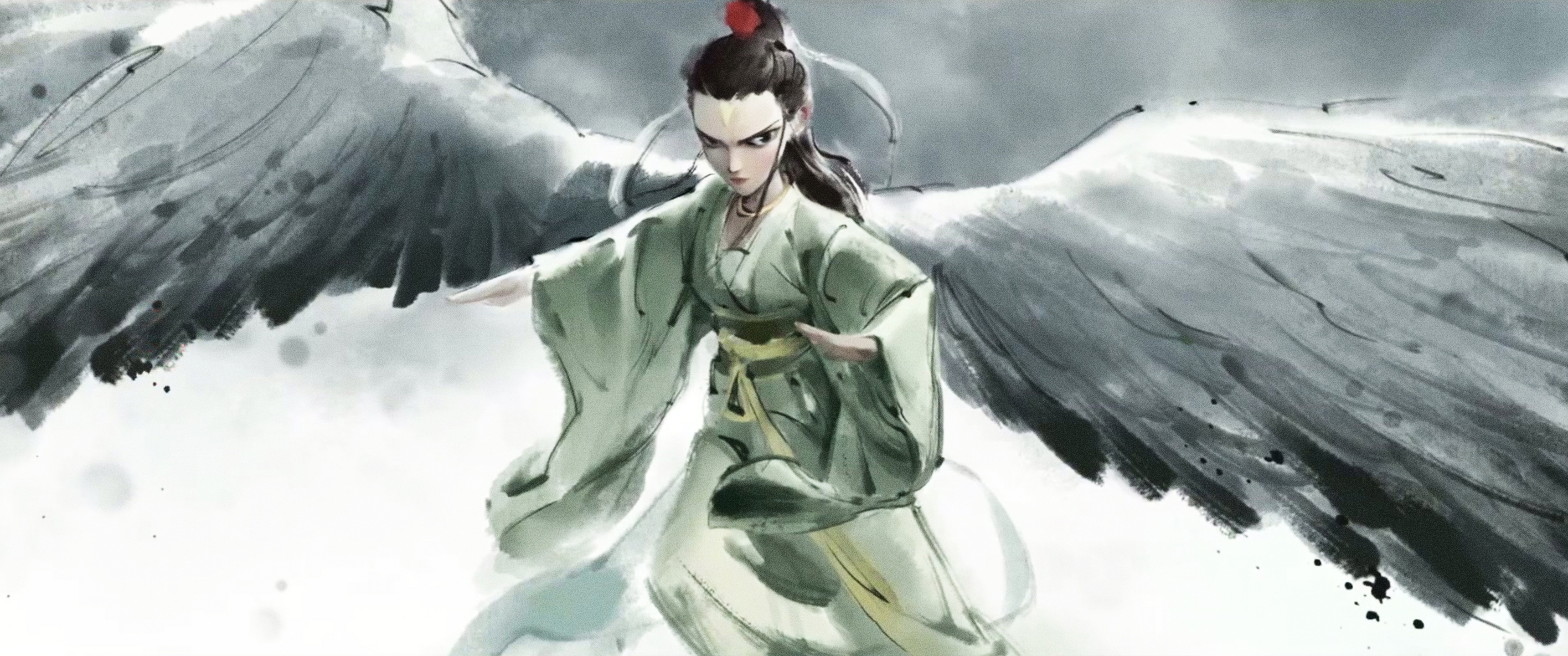 哪吒 魔童闹海 鹤童 水墨画 带鱼屏2K 壁纸 3440×1440