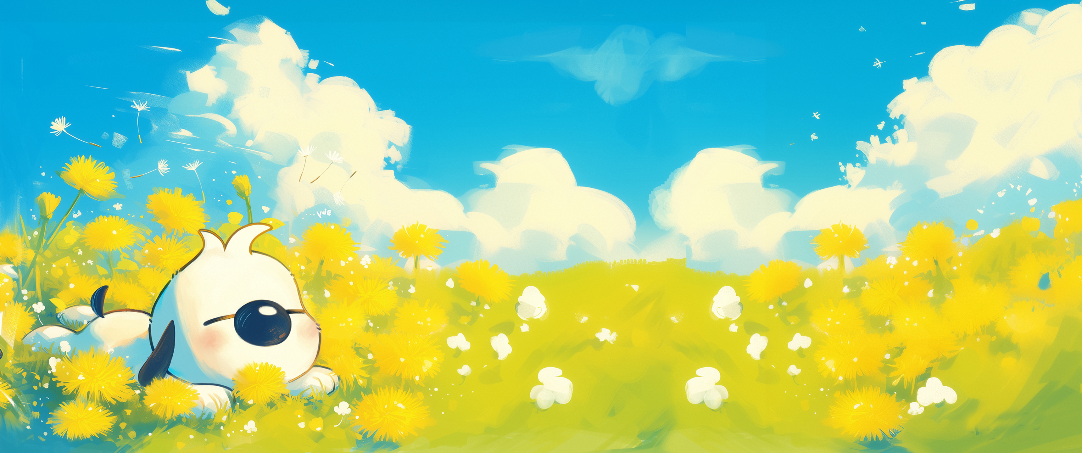 辛巴狗 花盆 花朵 带鱼屏2K蓝天 草地 2K 4K高清壁纸 3440×1440
