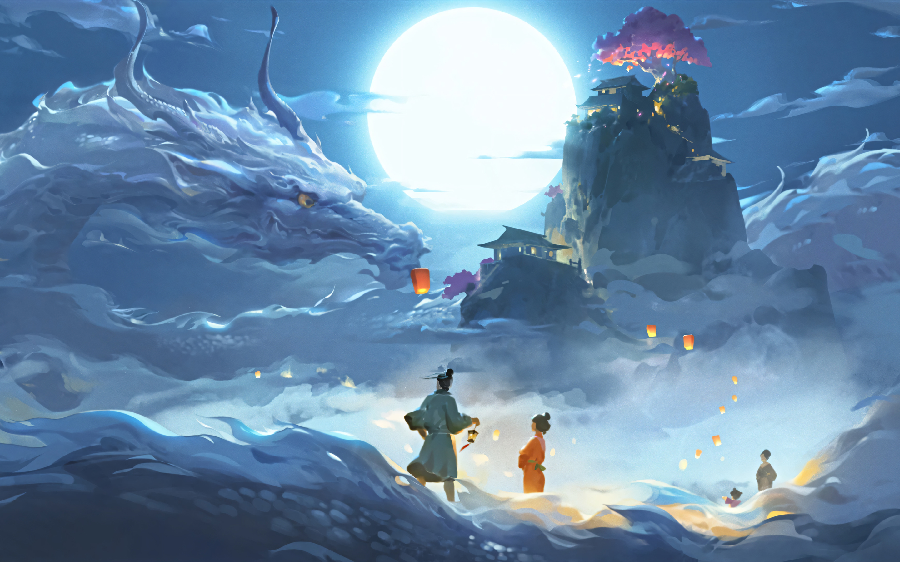 苍龙 抱月 神话 国风 2K 桌面壁纸 2880×1800