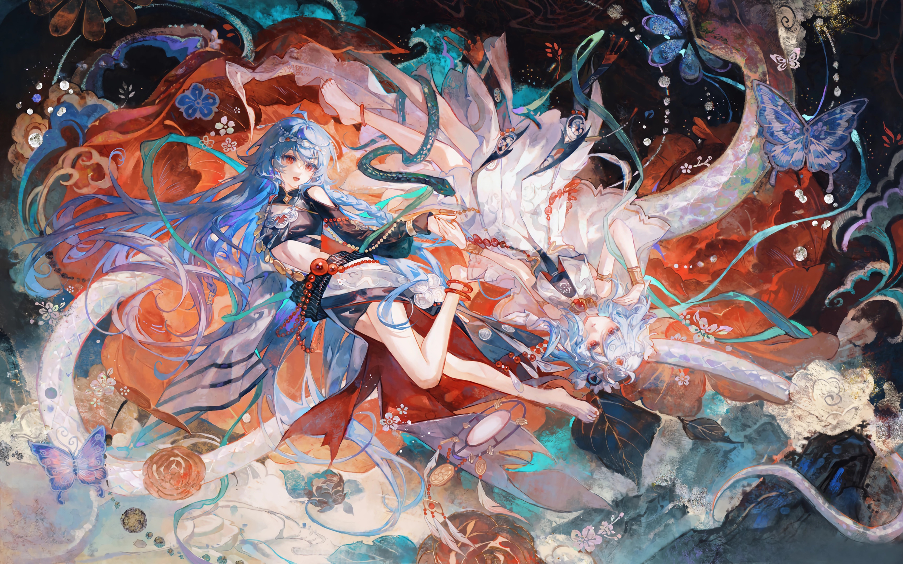 动漫 女孩 花 蝴蝶 唯美 2K 4K高清壁纸 2880×1800