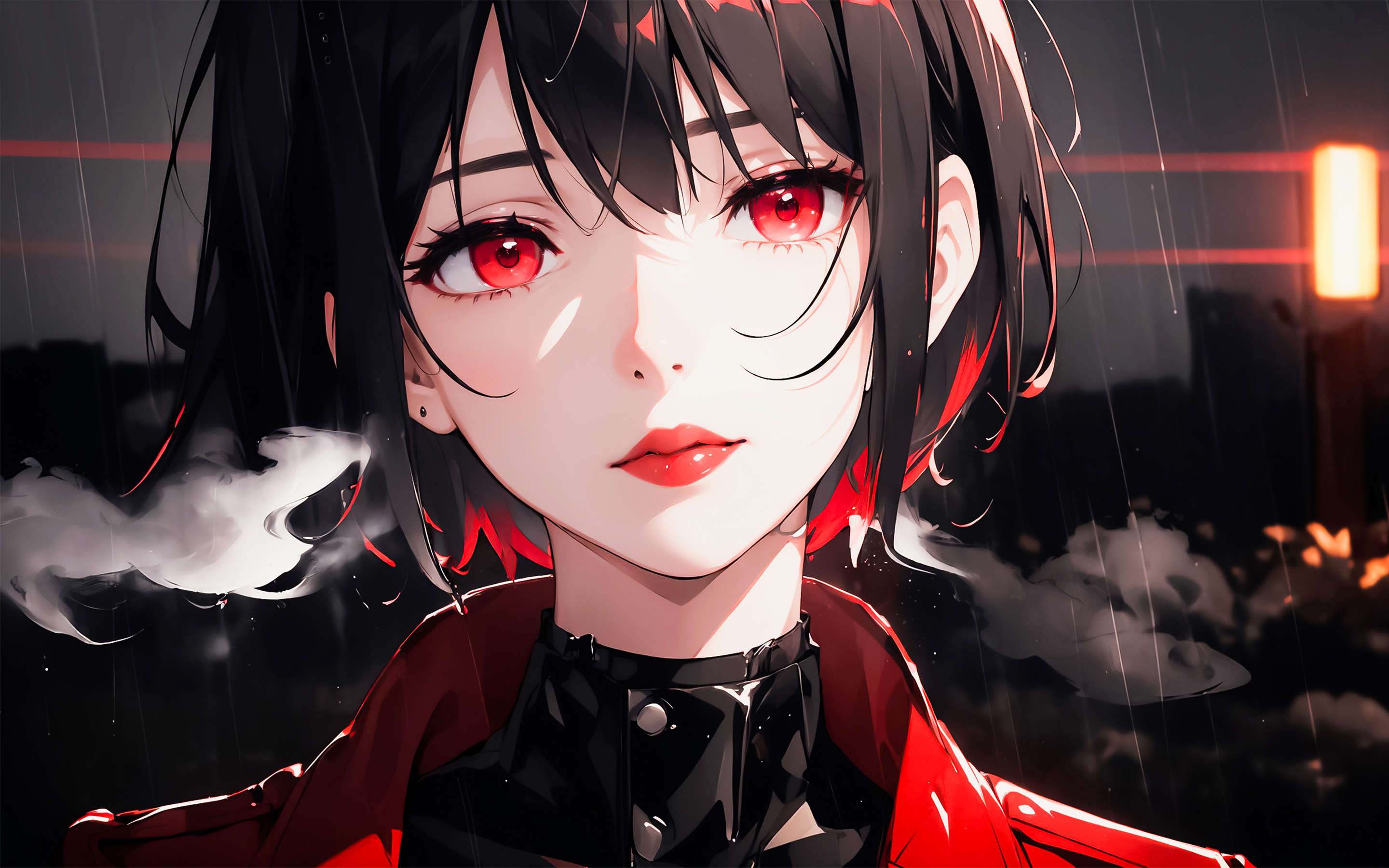 高清红眼睛 动漫 女孩 下雨 雨 2K 手机壁纸 2880×1800