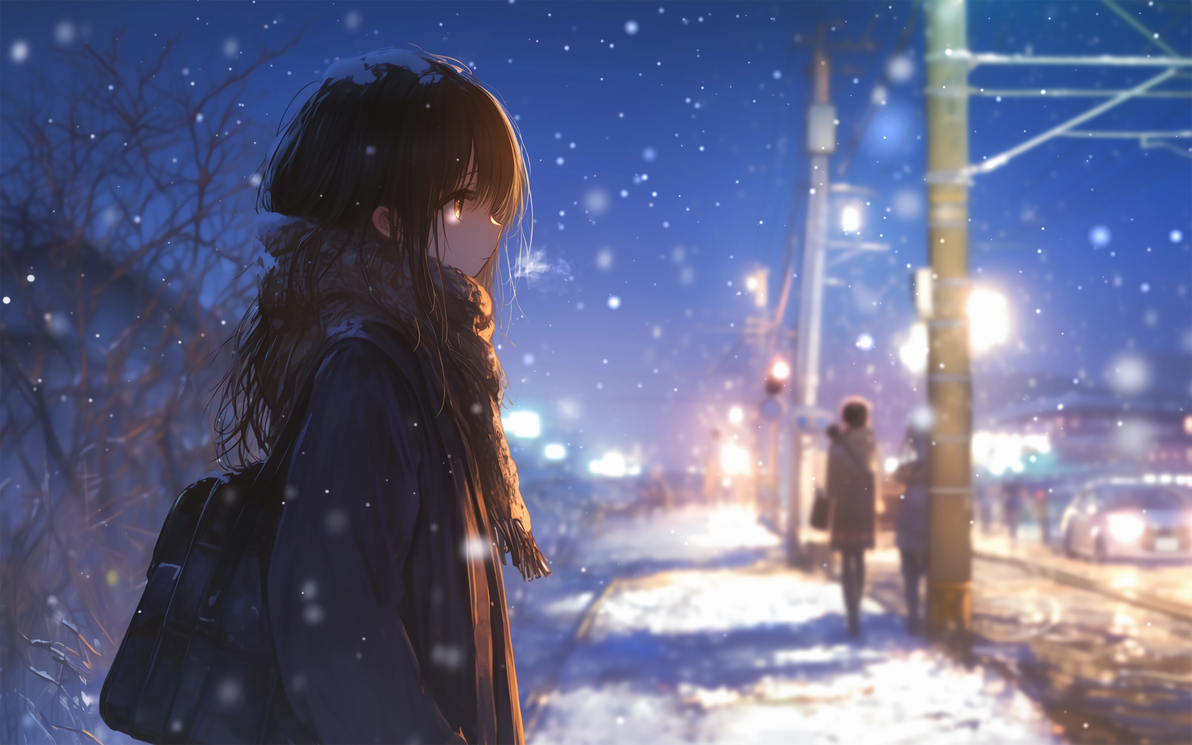 高清女孩 围巾 雪 夜 街 4K 动漫 壁纸 3840×2400