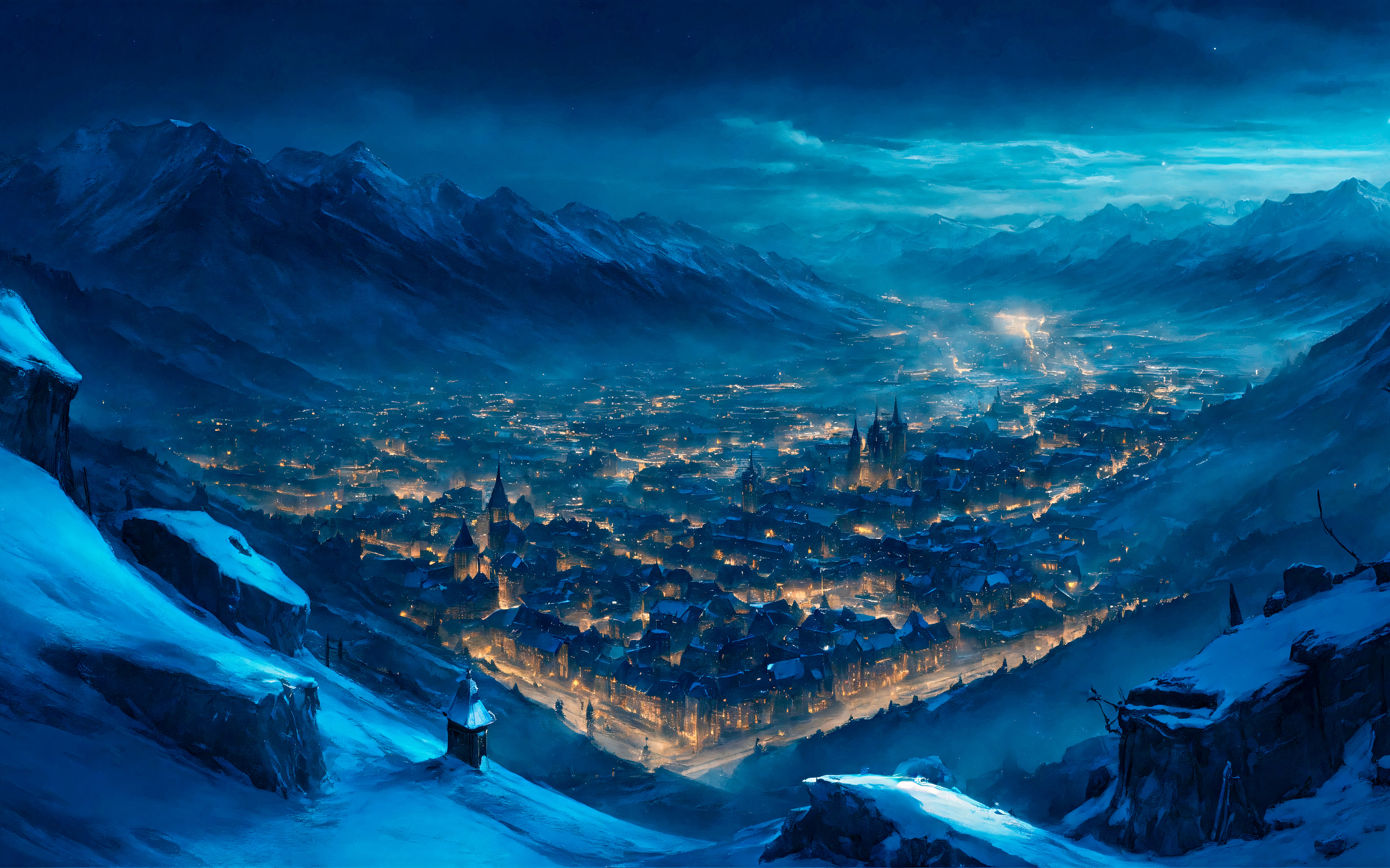 绚丽山谷之城 灯光 风景2K 手机壁纸 2880×1800