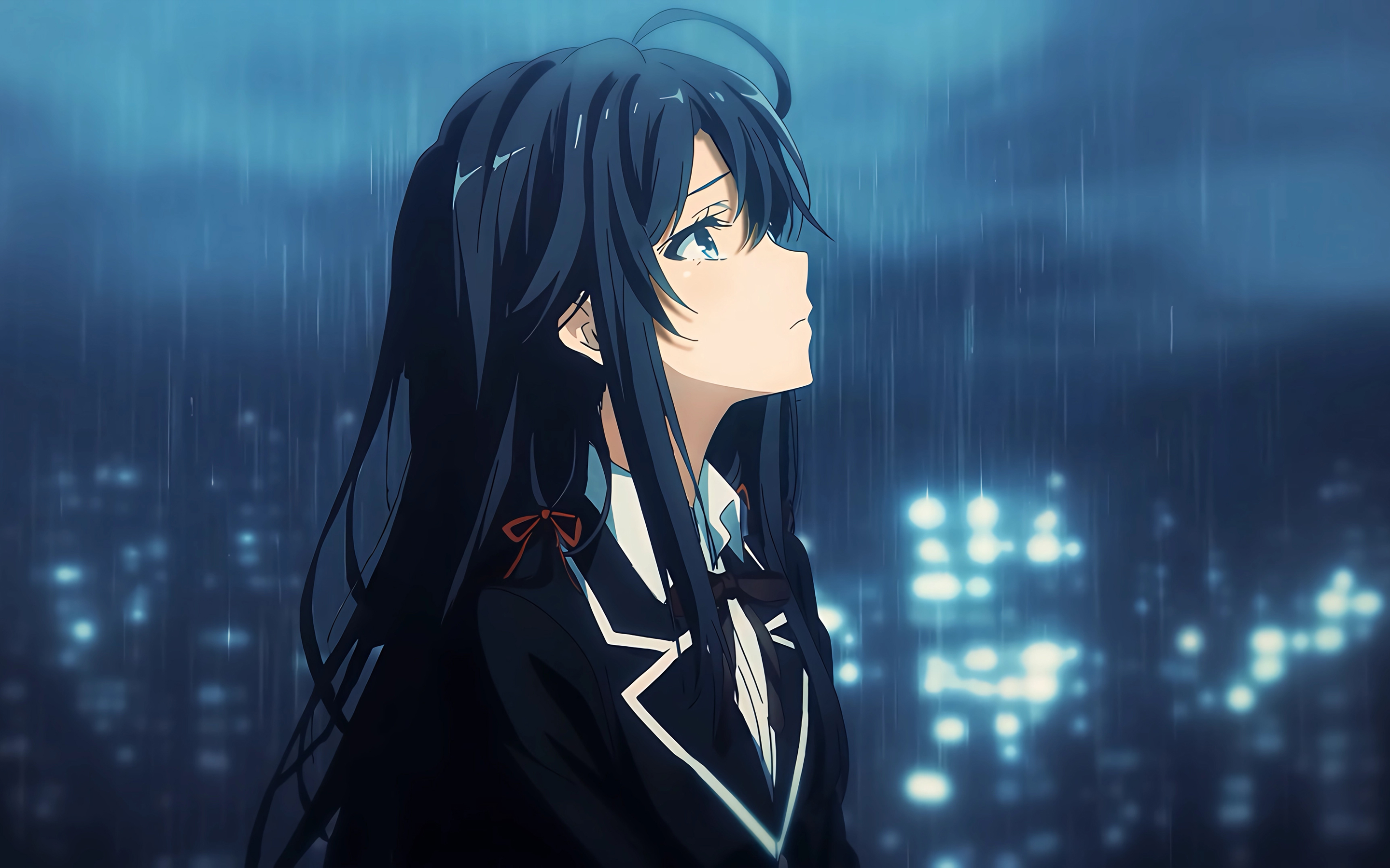雪之下 雪乃 雨中 下雨 雨水 动漫 女孩 2K 壁纸 2880×1800