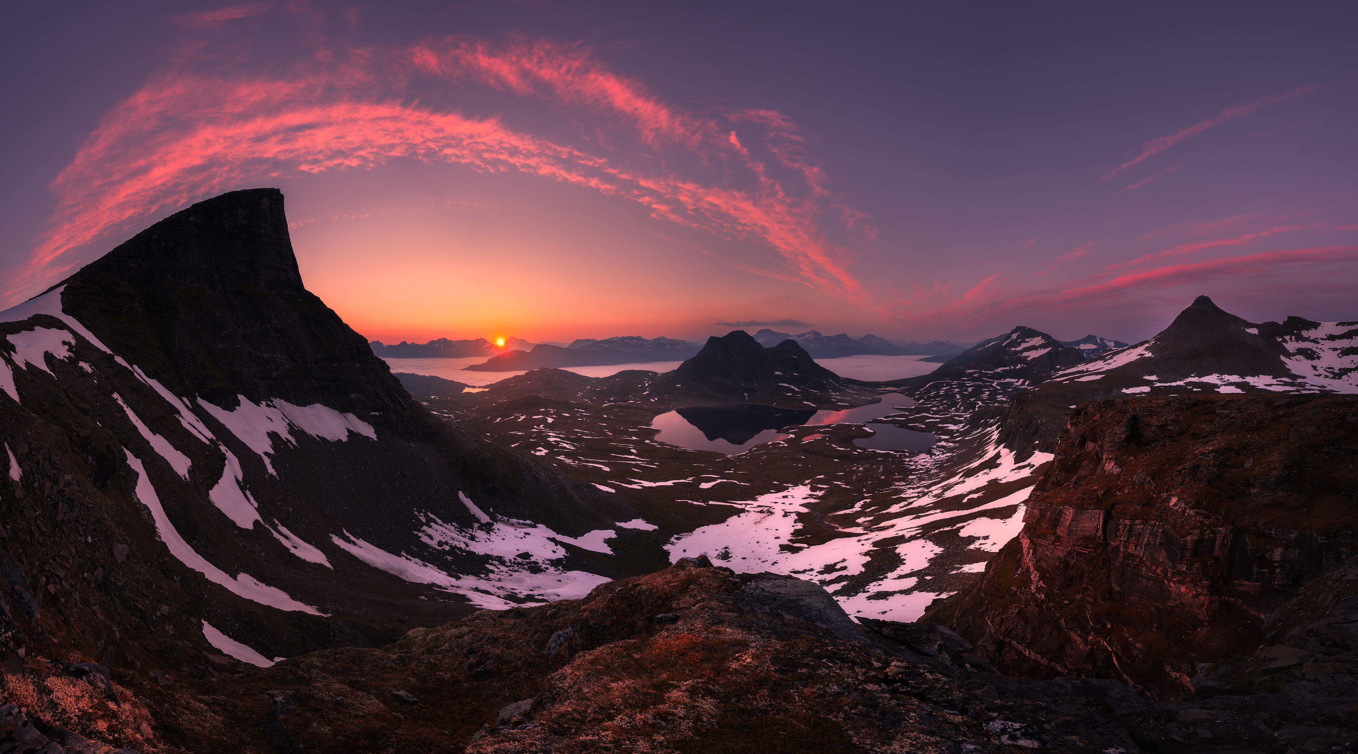 自然 风景 山脉 雪 云 水 太阳 岩石 远景 日出 湖泊 壁纸 4500×2500