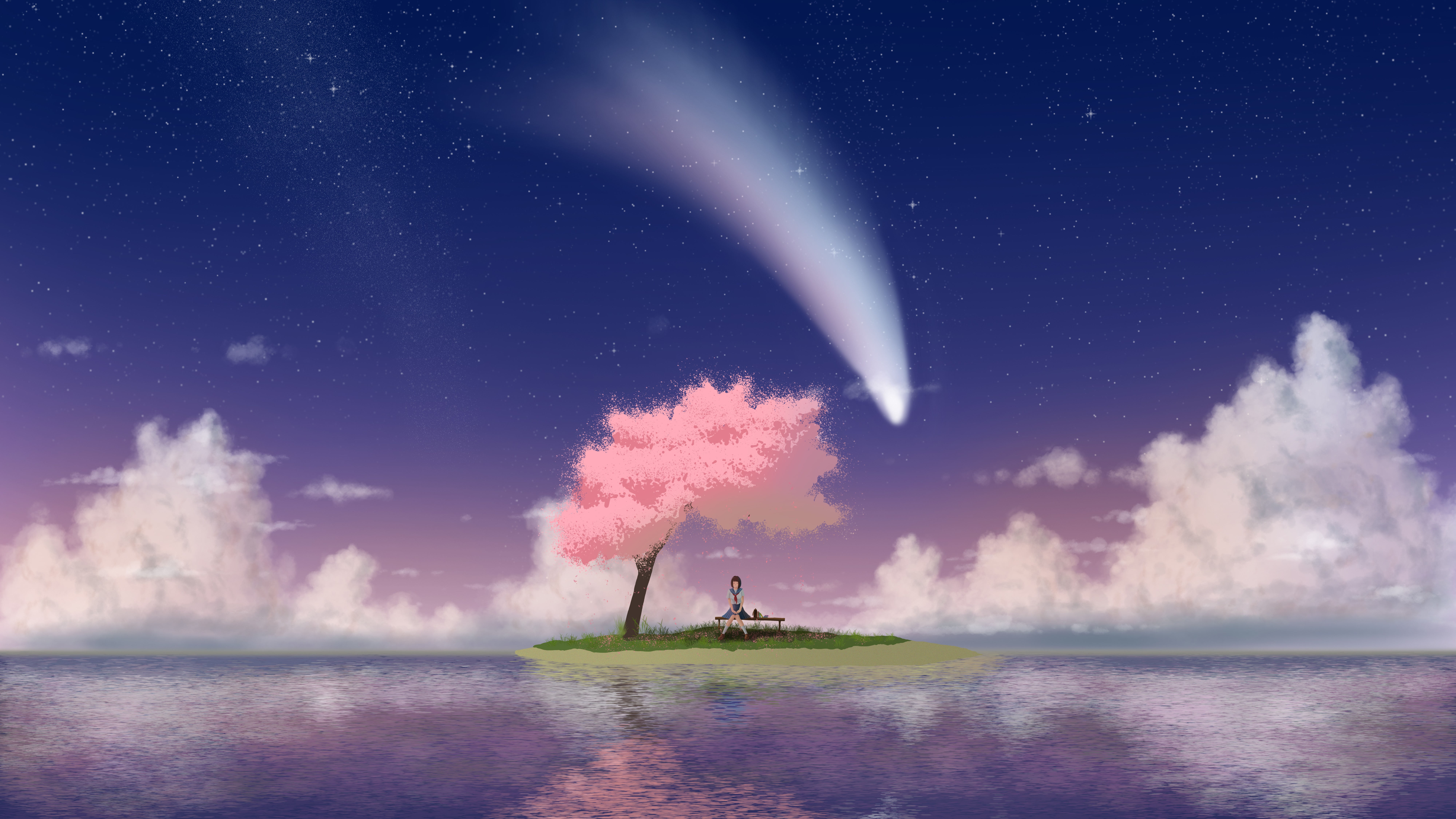 热门樱花 流星 星星 倒影 樱花树 天空 湖 高清壁纸 8000×4500