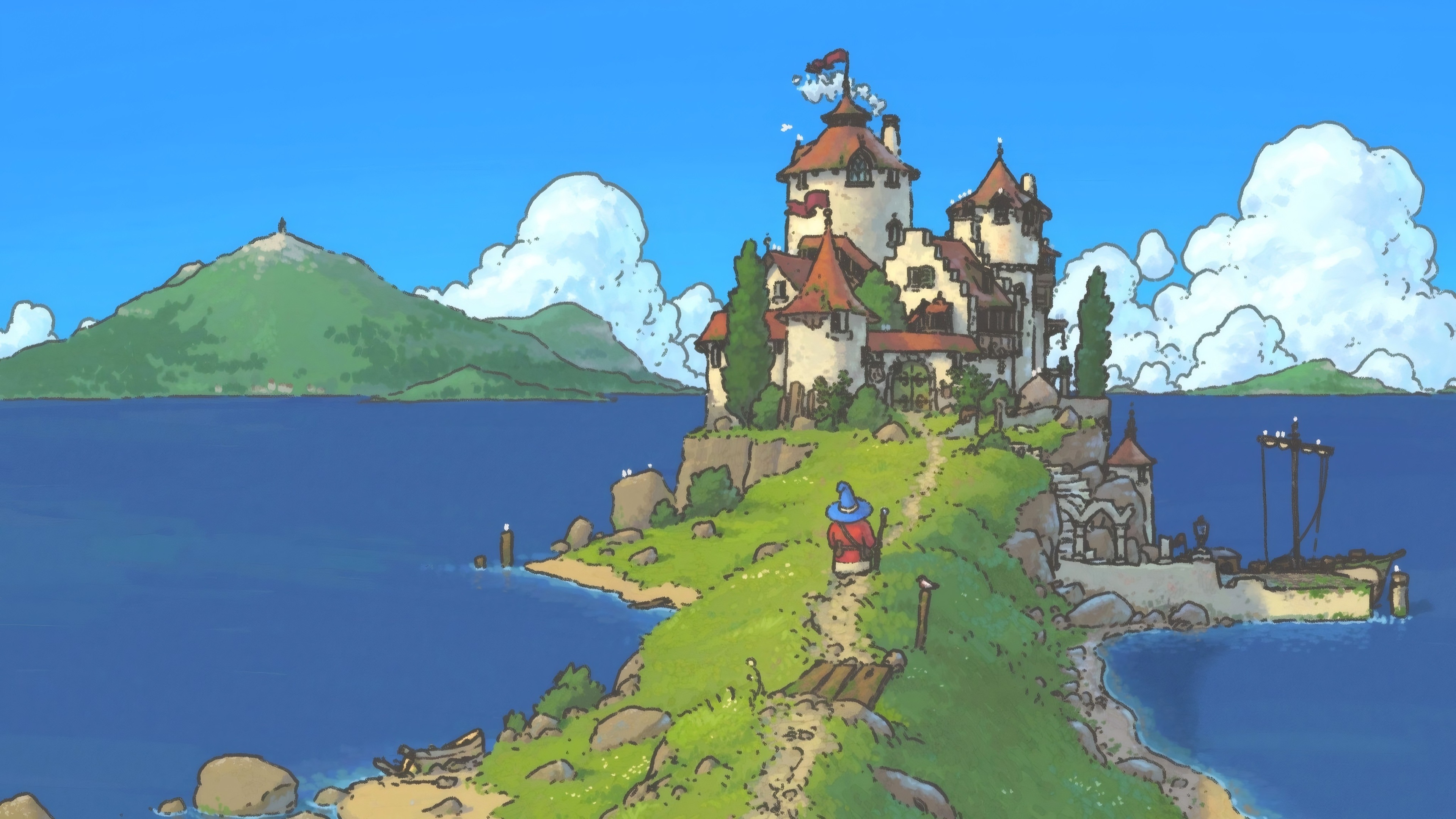 精选向导 岛塔 码头 水 天空 云 草 像素 游戏 桌面壁纸 3840×2160