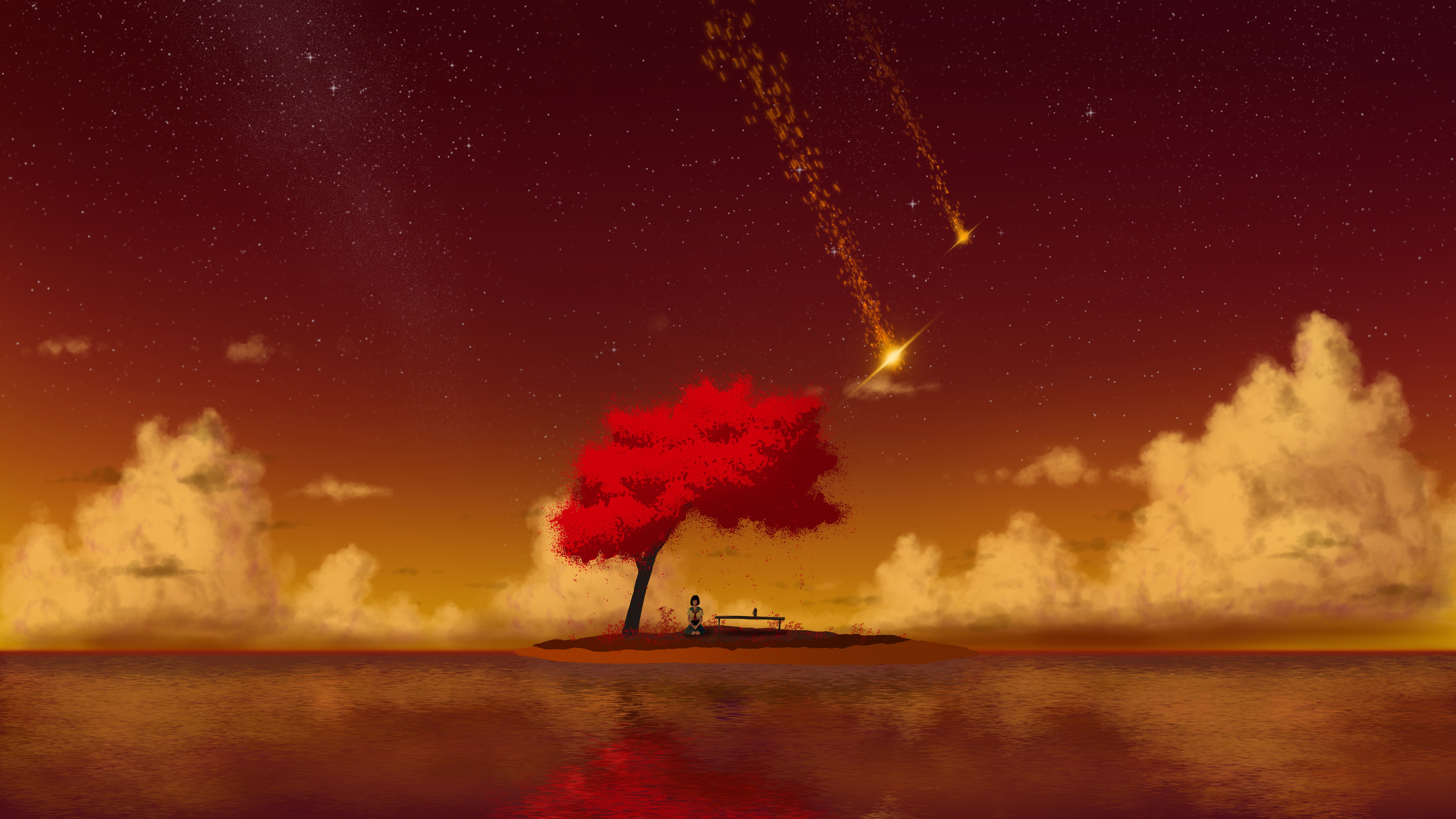 猪崎 樱花 流星 星星 倒影 女孩 学生 湖水 椅子 桌面壁纸 8000×4500
