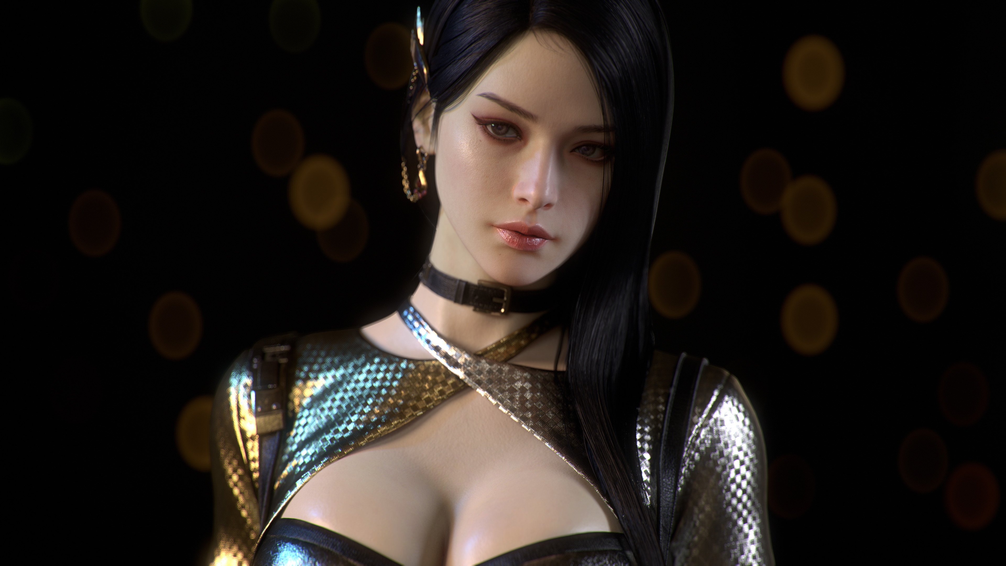 高清女性 黑发 长发 部 项链 耳环 眼线 简单背景 特写 壁纸 3840×2160