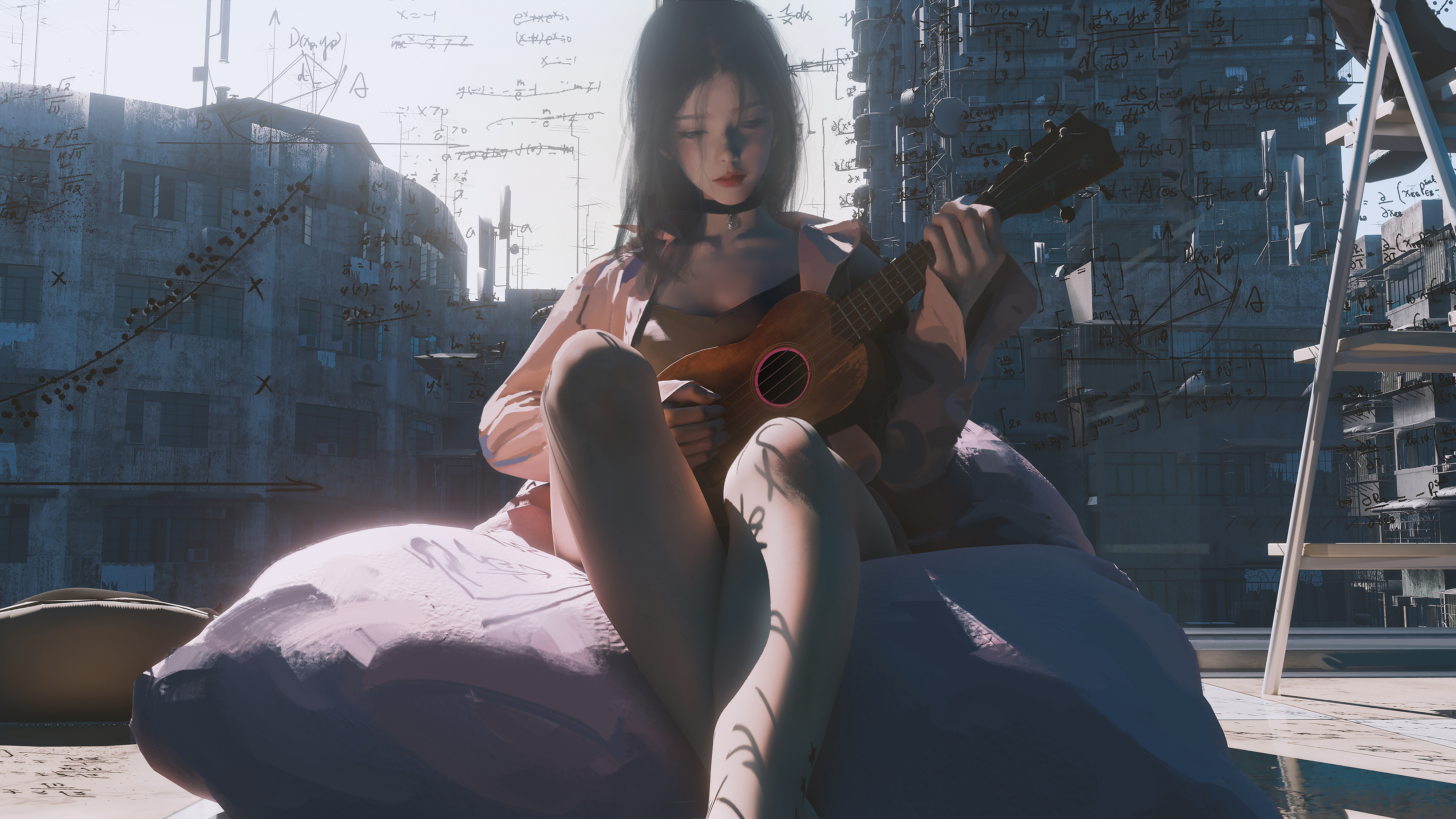 女性 吉他 插图 乐器 宽屏 项链 公式 4K高清壁纸 4000×2250
