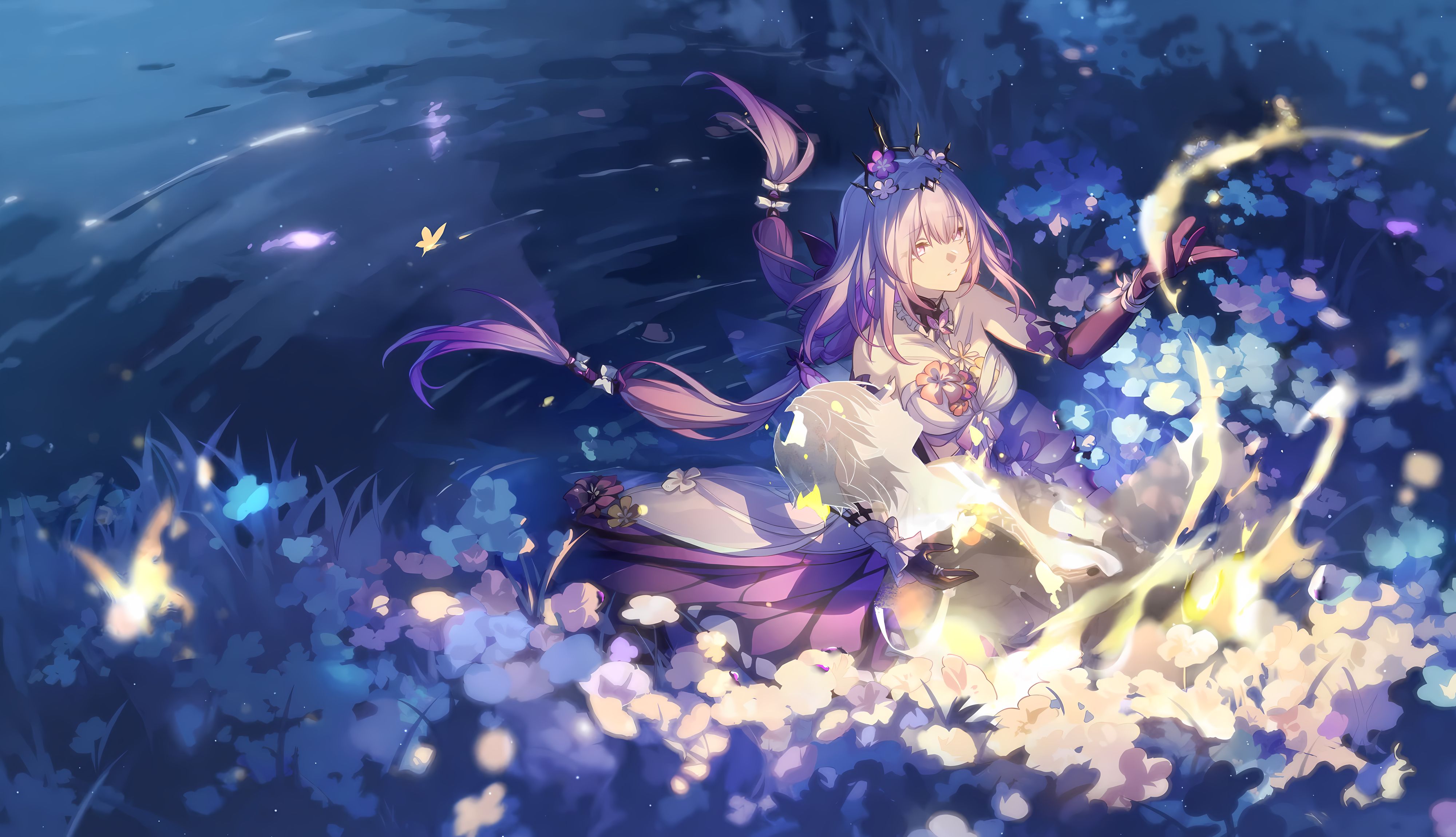 热门插图 插画 少女 花 水 抱着 桌面壁纸 4000×2300