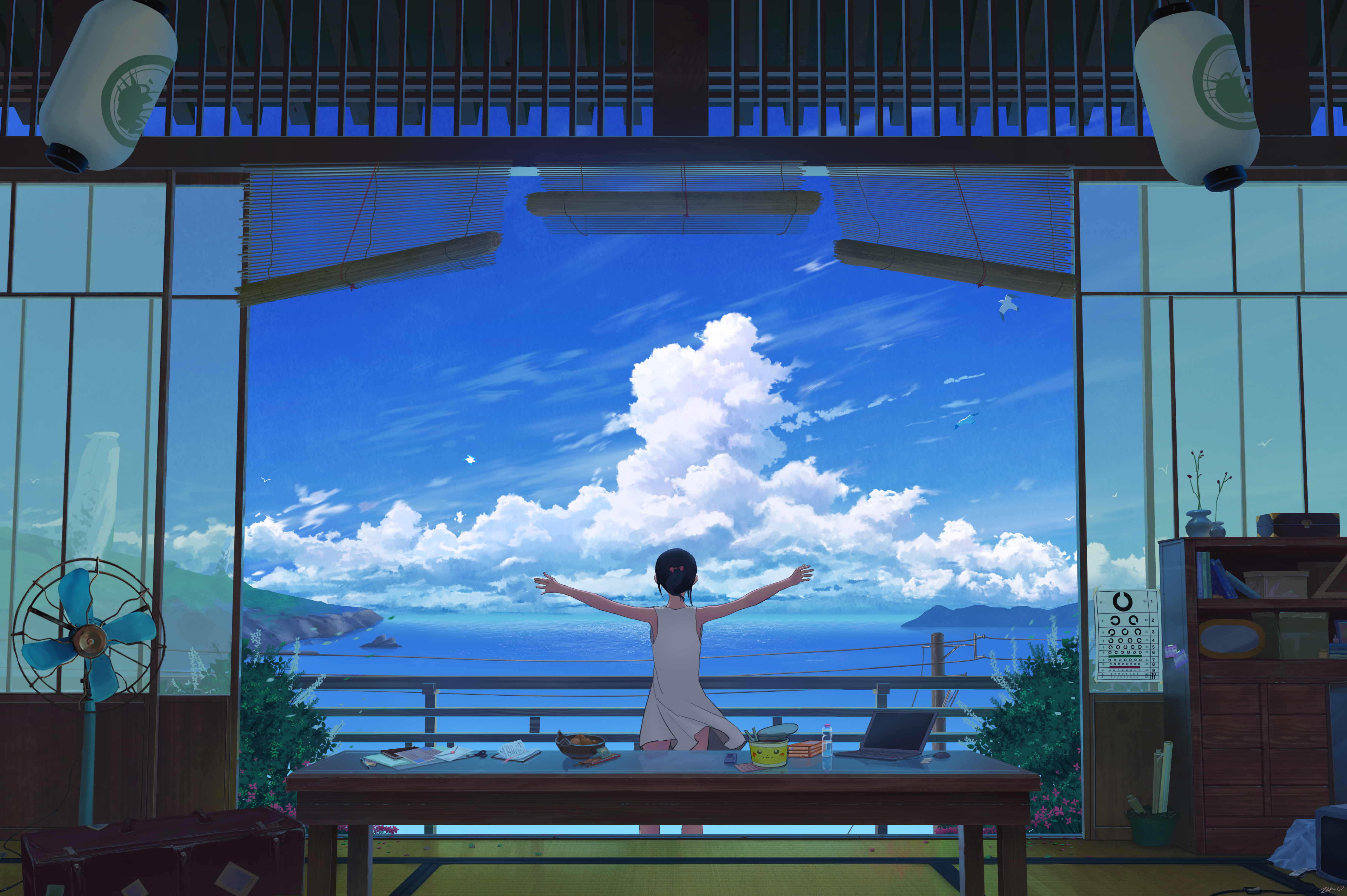 张开双臂 Z 零 夏天 云 皮卡丘 灯笼 手提箱 笔记本 电脑 信件 百叶窗 山 海鸥 风景 天空 动漫 女孩 白色连衣裙 水 桌子 风扇 海 壁纸 4512×3000