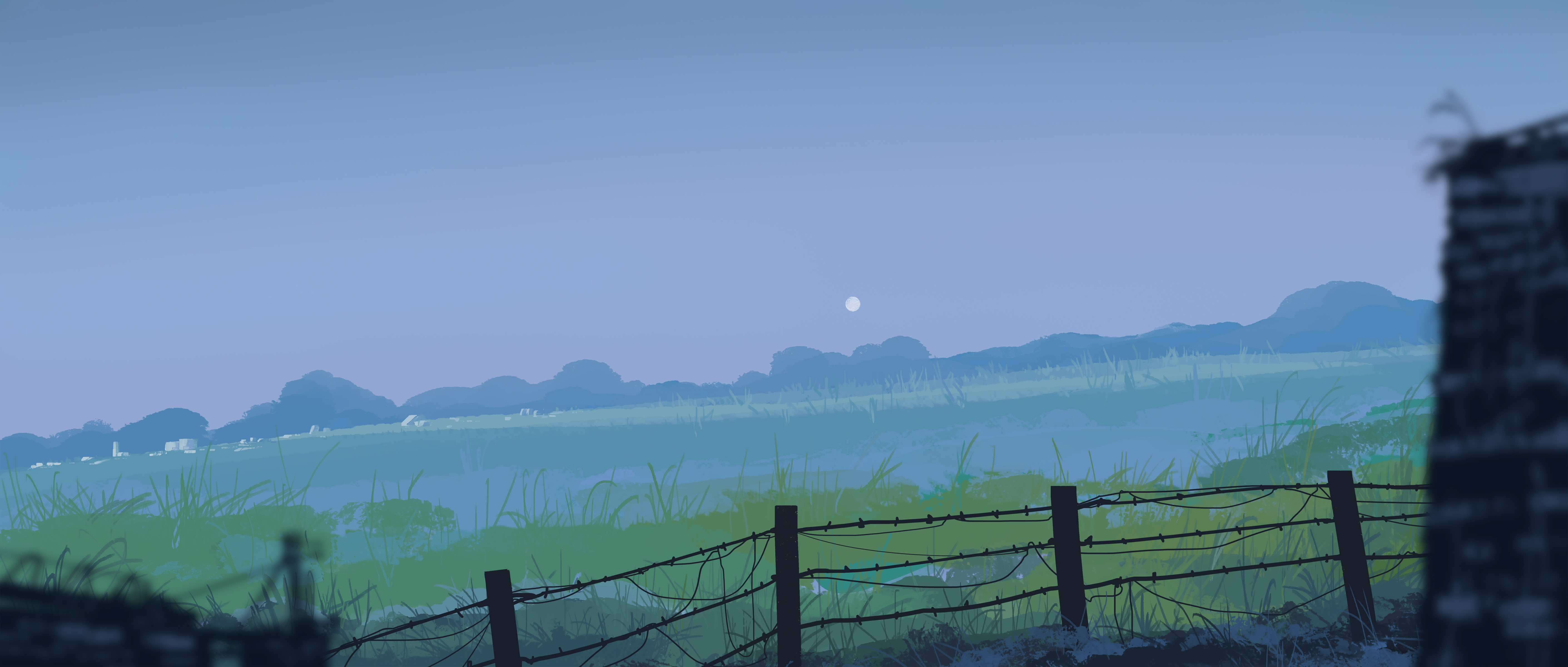 高清优雅 插图 宽屏 超宽 栅栏 自然 风景 田野 月亮 无水印壁纸 5640×2400