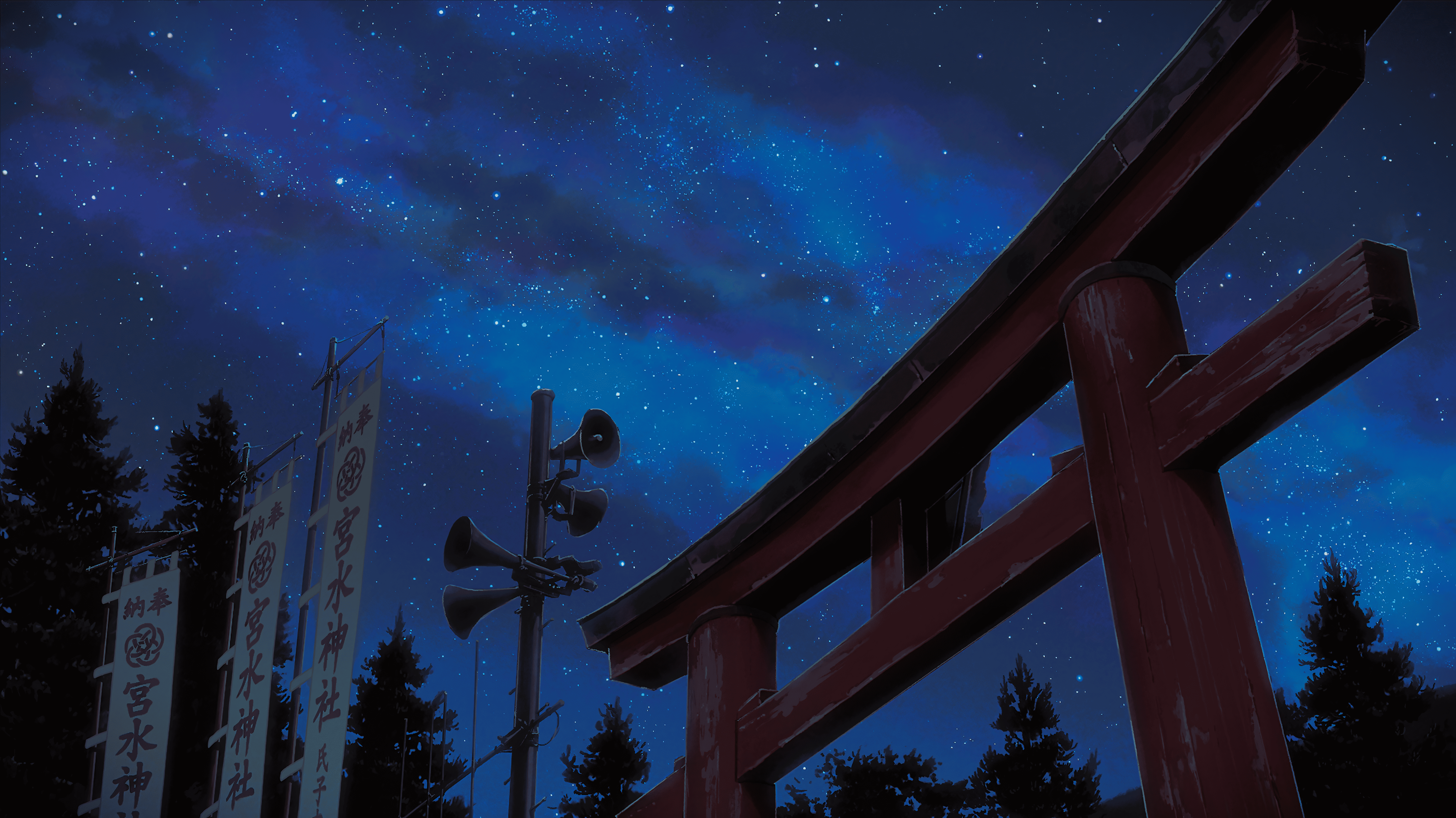 动漫 星星 天空 云 夜 神社 树木 鸟居 壁纸 5118×2878