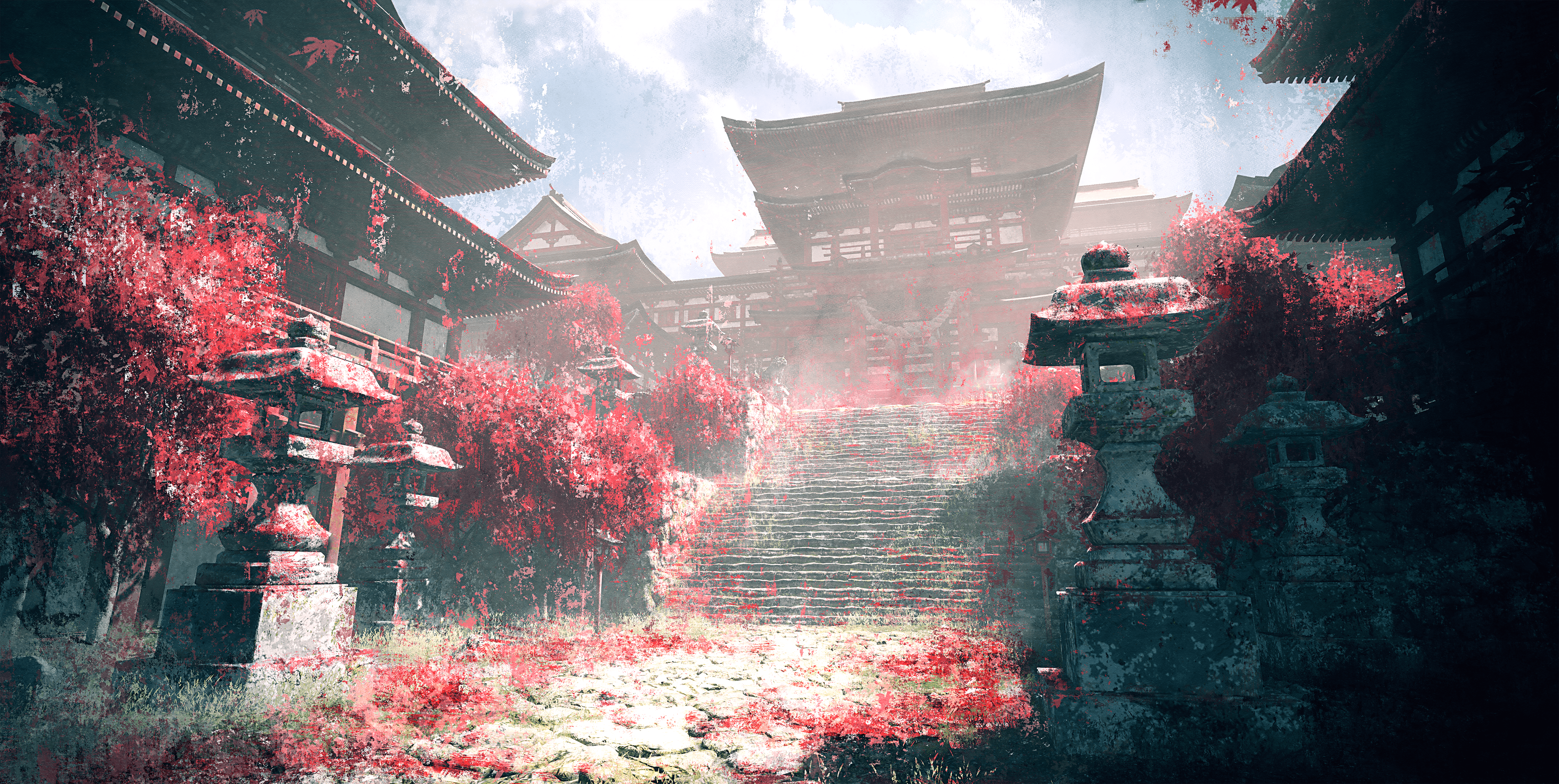 建筑 雾 天空 楼梯 阳光 寺庙 云 树木 草 柱子 手机壁纸 5184×2610