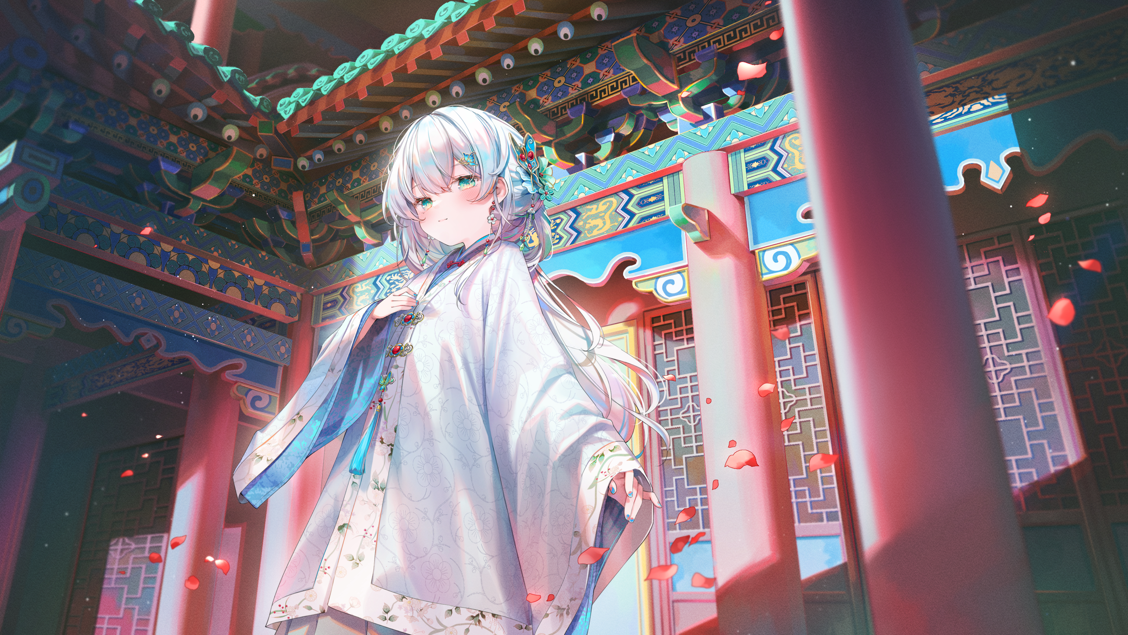 白发 绿松石 长袖 头饰 花瓣 动漫 少女 蓝指甲 国风 建筑 4K壁纸 3840×2160