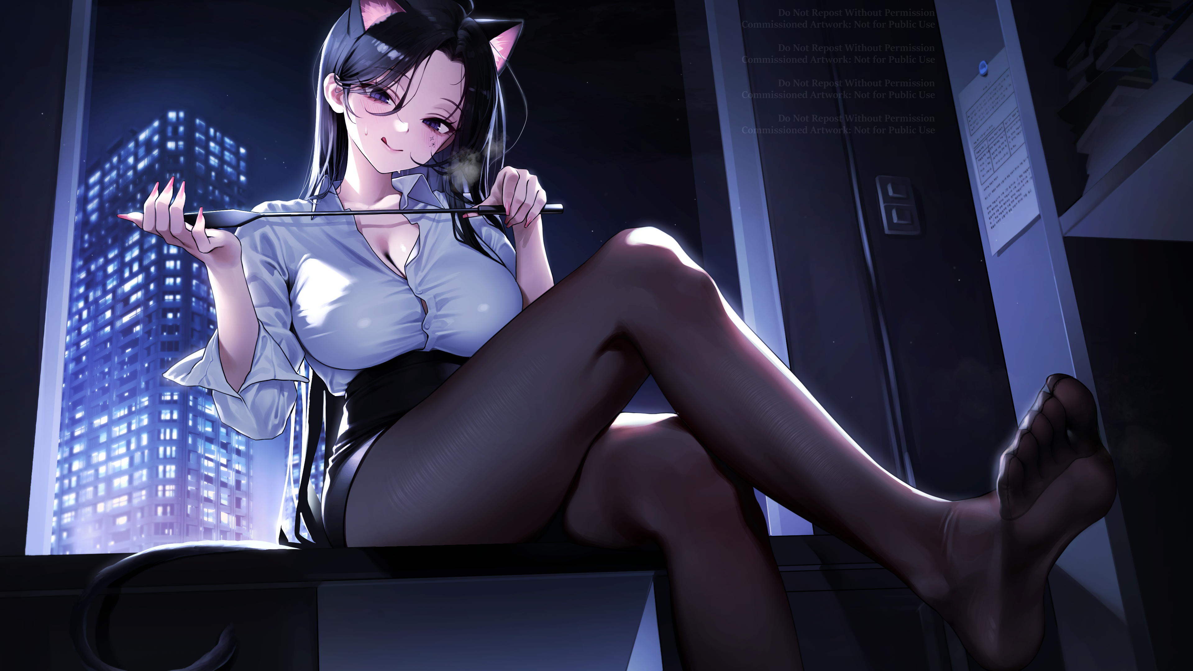 长发 锁骨 坐着 室内 女性 猫女 痣 脚底 蓝眼睛 动漫 女孩 动物 耳朵 汗水 猫耳朵 猫尾巴 星星 城市 灯光 夜 天空 黑发 鞭子 高清壁纸 3840×2160