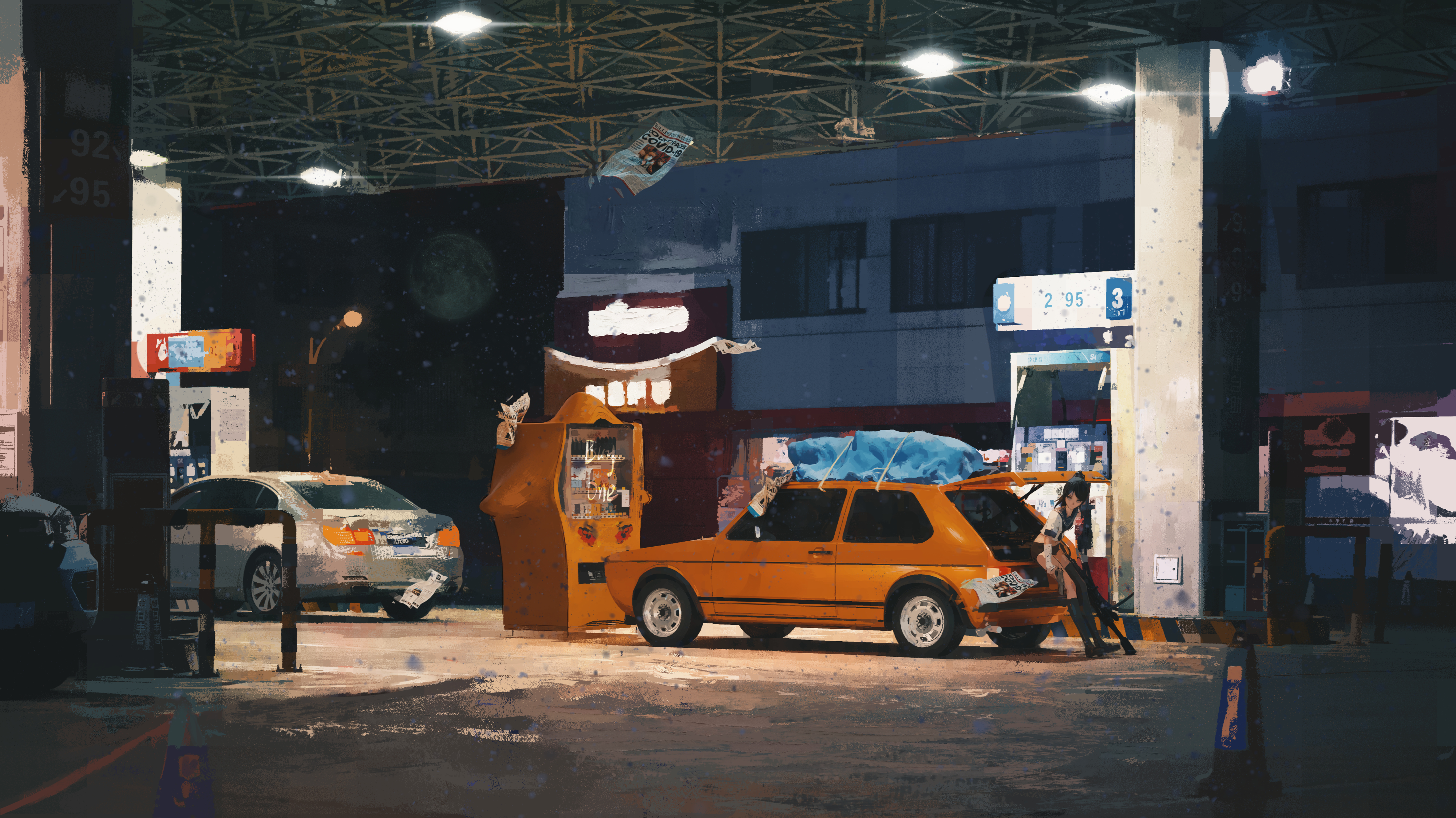 唯美女人 插图 绘画 加油站 车辆 汽车 橙色汽车 月亮 夜晚 壁纸 4000×2249
