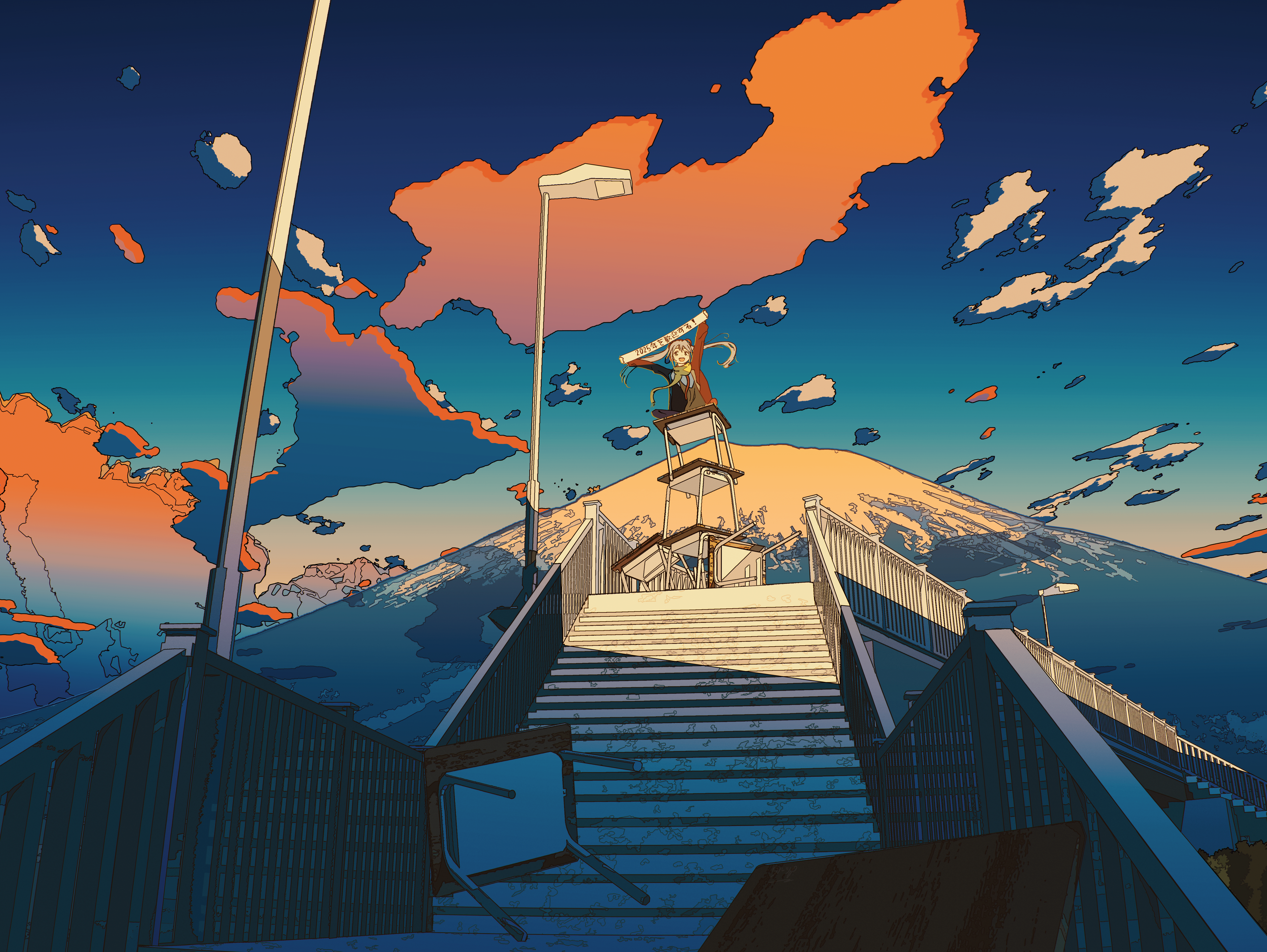 女学生 微笑 张开嘴 数字艺术 插图 云 楼梯 初音未来 桥梁 新年 桌子 雪山 天空 栏杆 双胞胎 围巾 阳光 壁纸 6400×4809