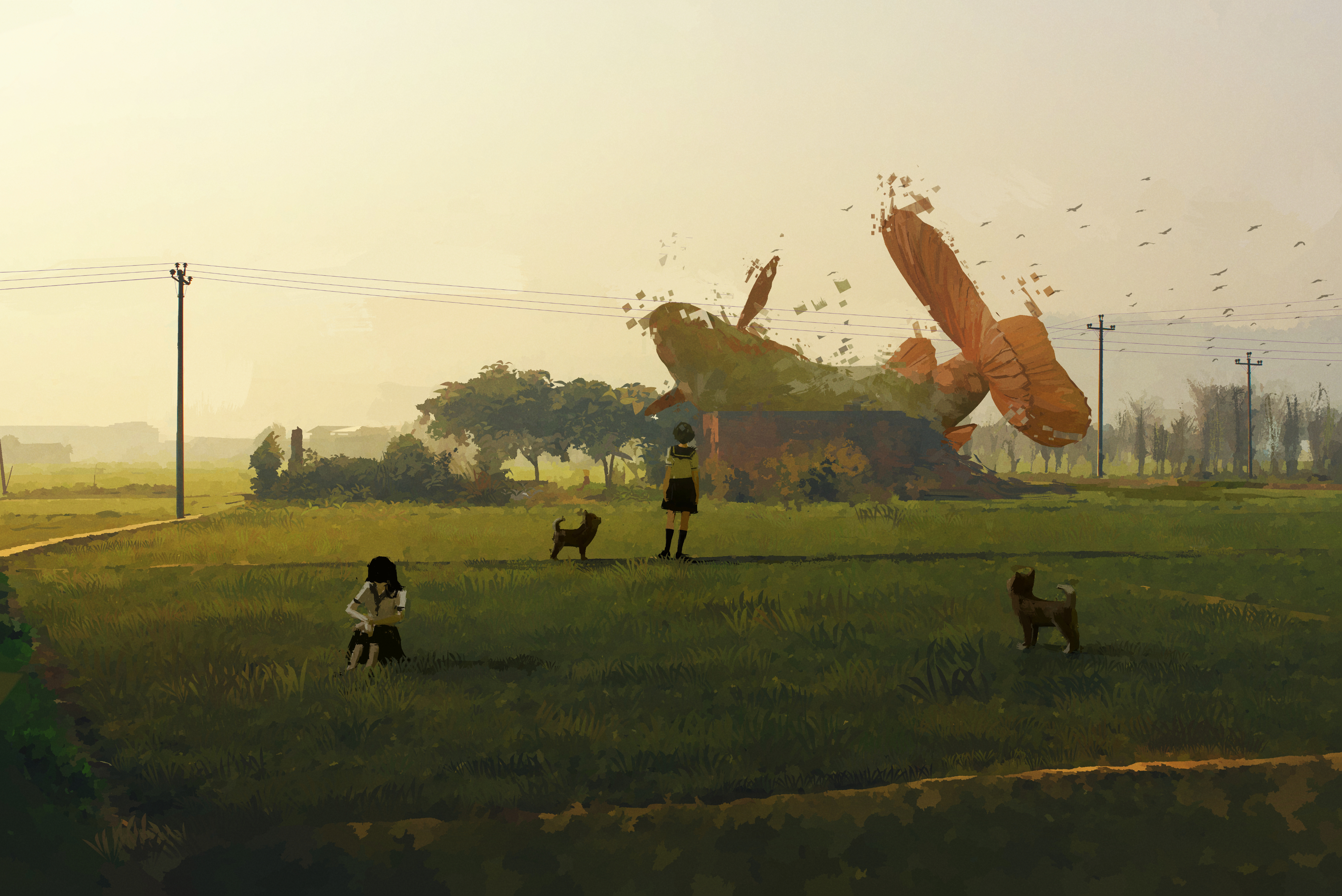 经典女学生 插图 风景 电线 狗 田野 幻想 艺术 树草 无水印壁纸 4000×2671