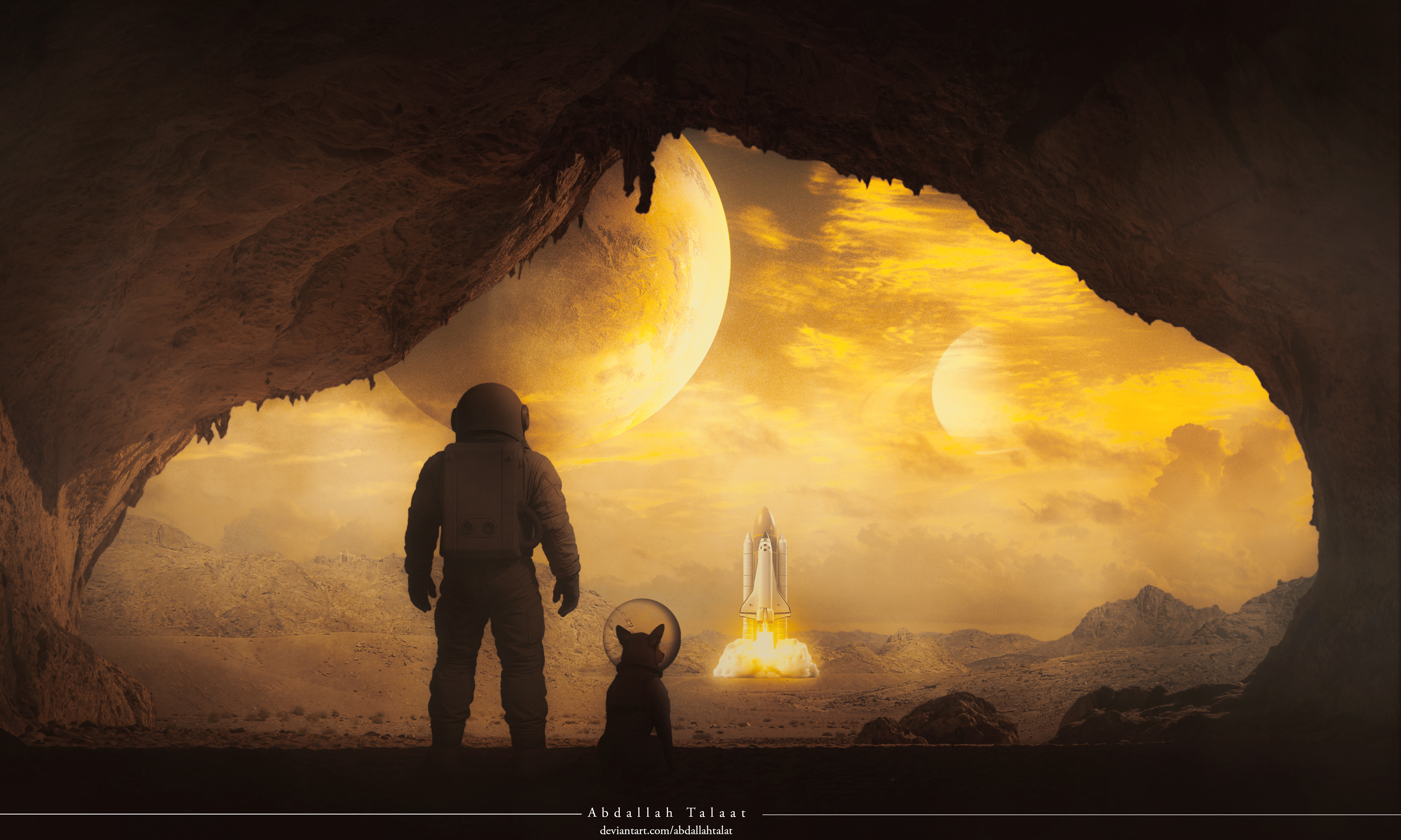 宇航员 太空 火箭 发射 狗耳朵 洞穴 外星 日落 电影 科幻 小说 游戏 风景 幻想岛 桌面壁纸 5000×3000