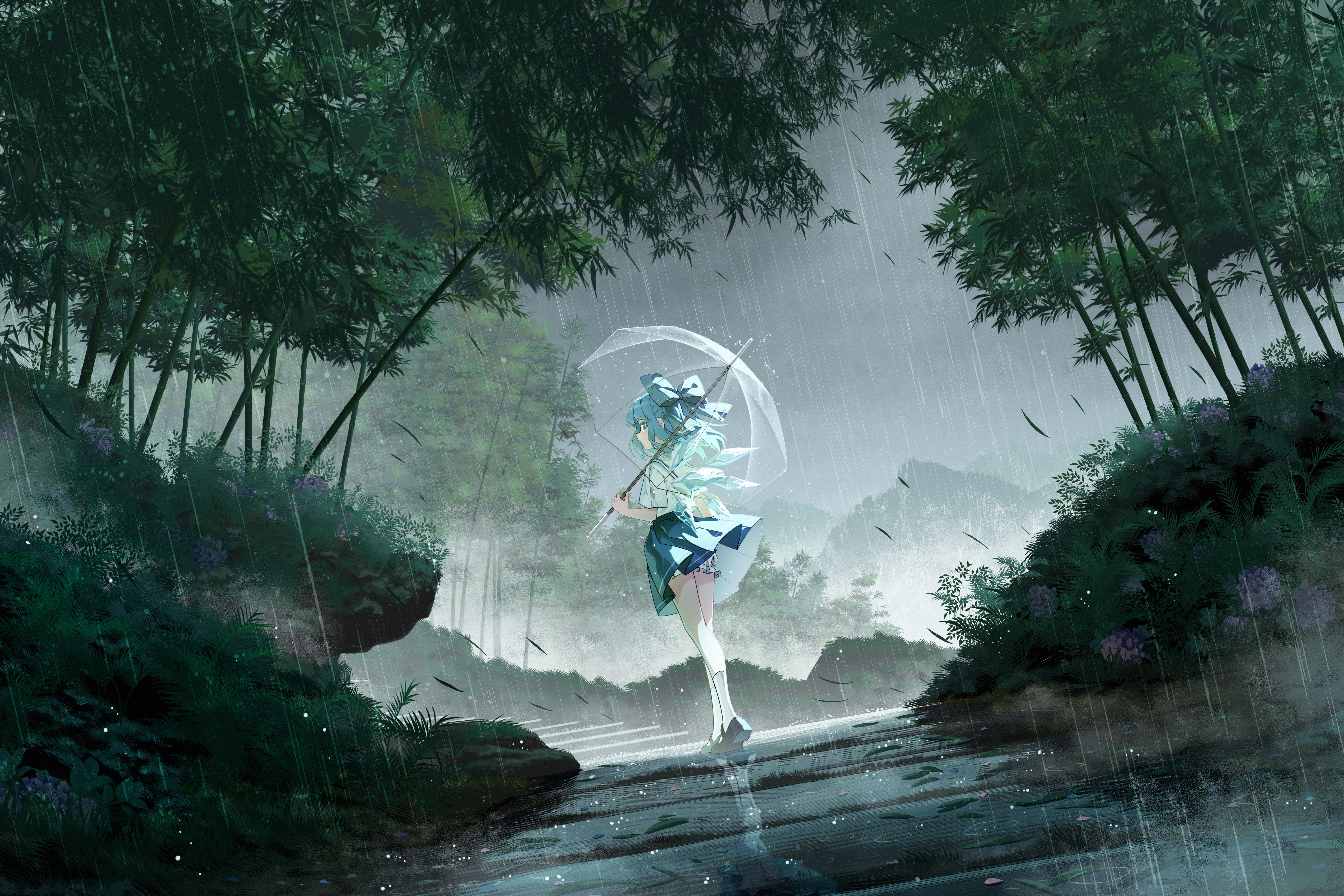 热门户外 女性 站立 蓝头发 蓝眼睛 走路 女学生 短发 雨伞 竹子 竹林 森林 雨 动漫 女孩 校服 高清壁纸 6000×4000