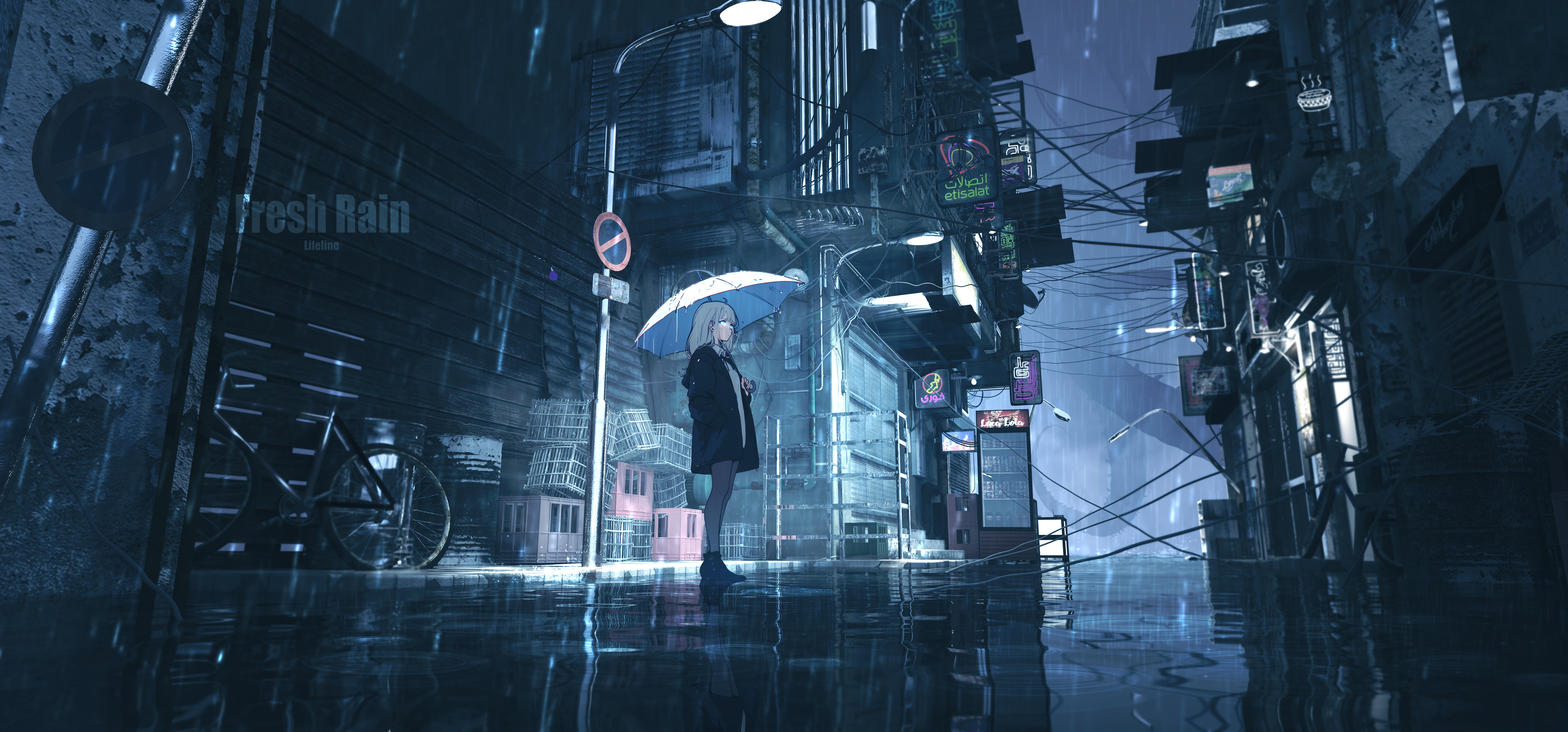 站立 长发 蓝眼睛 动漫 女孩 雨伞 风景 倒影 建筑 路灯 雨 标志 自行车 电缆 超宽 涟漪 水 4K壁纸 6000×2800