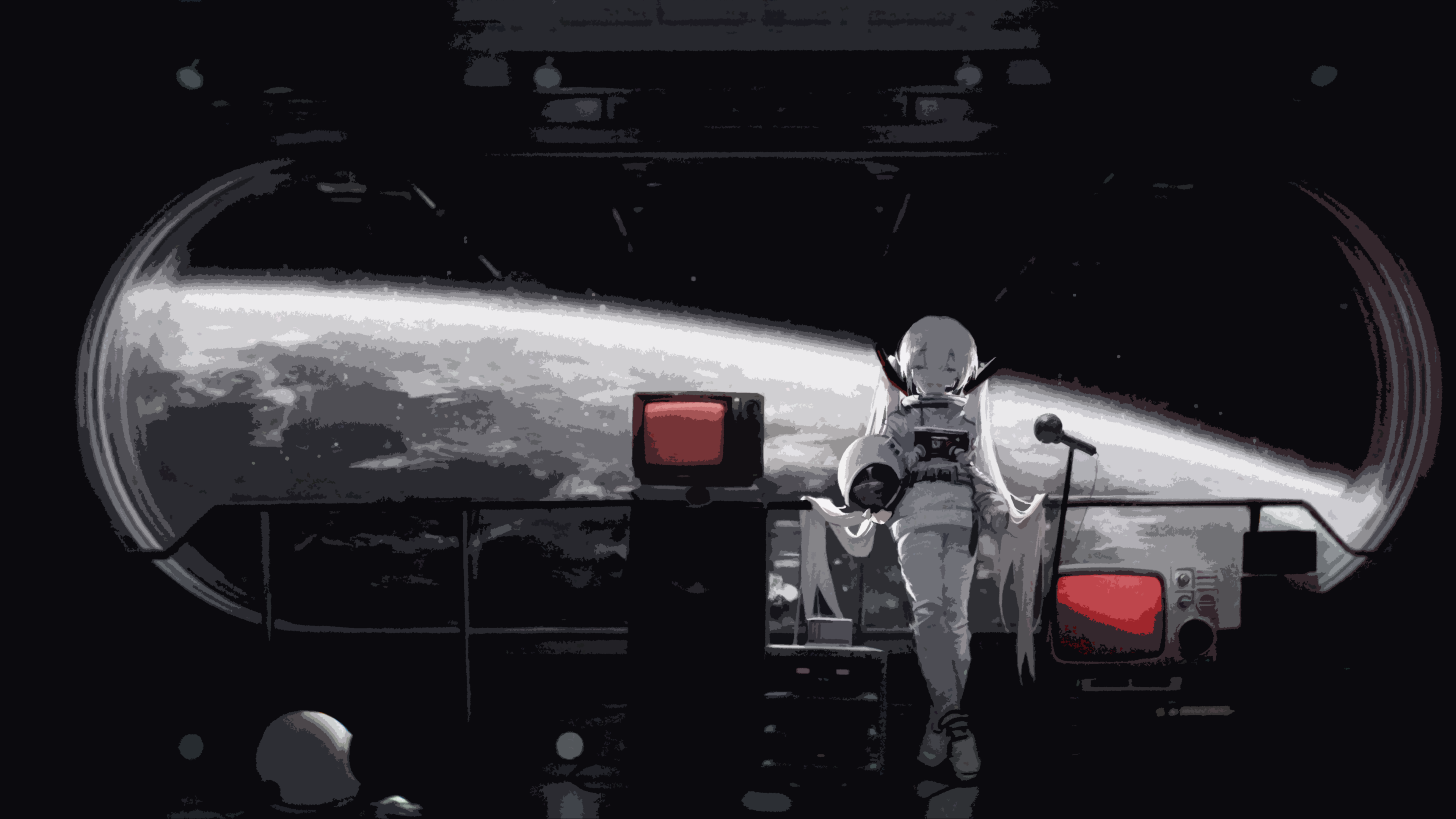唯美长发 宇航员 动漫 女孩 极简主义 单色 电视 轨道 地球 行星 太空 房间 宇宙飞船 科幻小说 未来 壁纸 3840×2160
