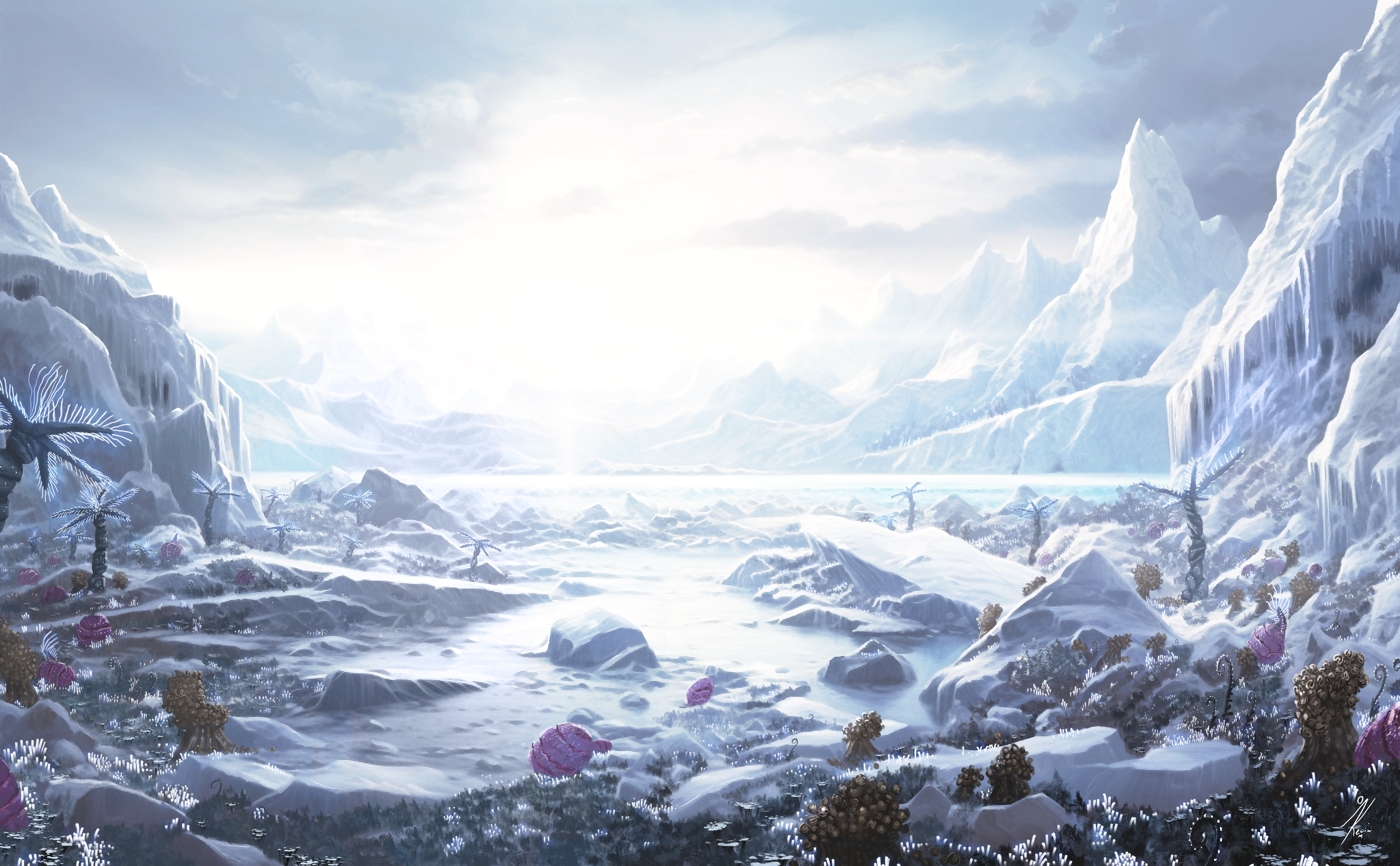 精选精英 危险 外星 世界 冰冻 湖泊 雪山 花朵 环境 绘画 科幻 小说 风景 阳光 自然 雪 天空 高清壁纸 8088×5000