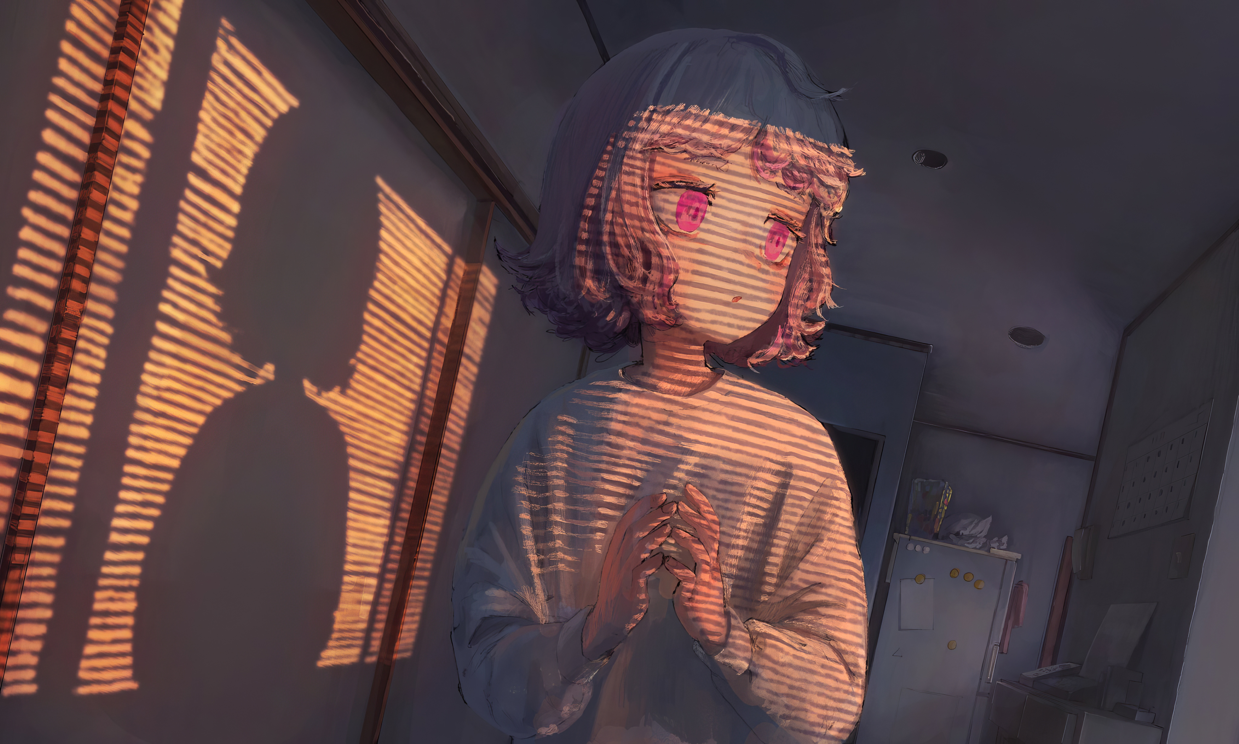 短发 室内 女性 站立 动漫 女孩 日落 公寓 绘画 阳光 长袖 4K高清壁纸 4096×2460