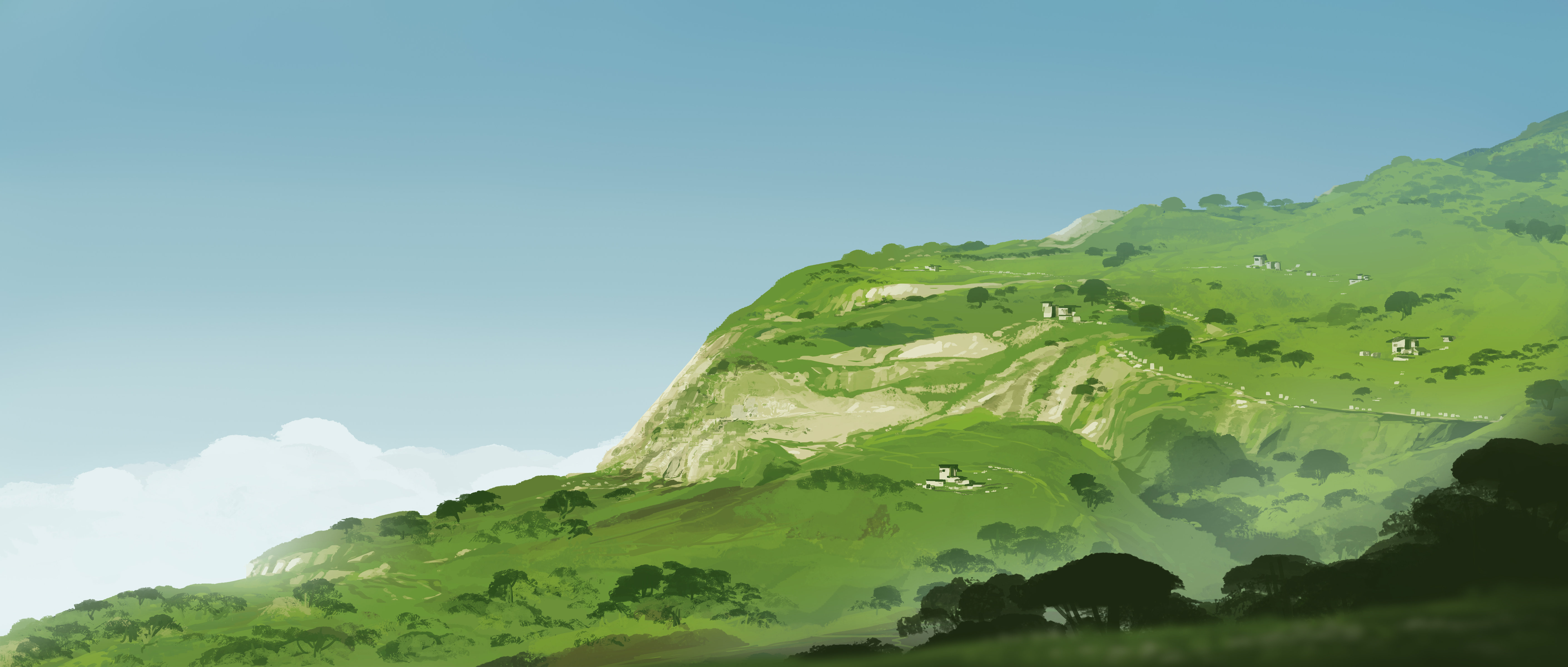 高清超宽 宽屏 插图 数字 绘画 风景 房屋 山脉 自然 树木 天空 绿色 云 手机壁纸 5640×2400