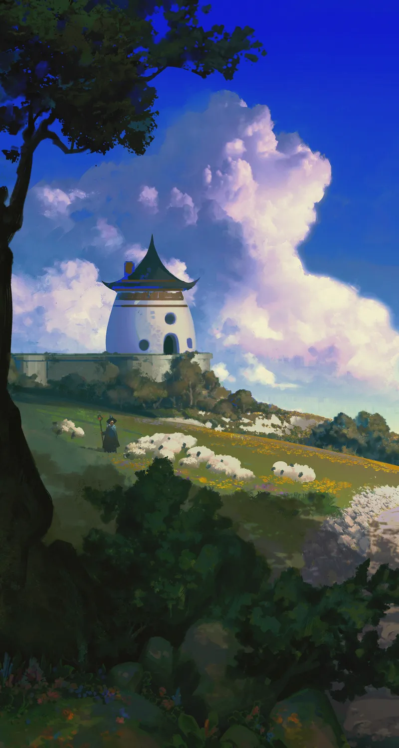 插图 数字 绘画 风景 田野 树木 云 羊 动物 自然 手机 壁纸 3840×4800