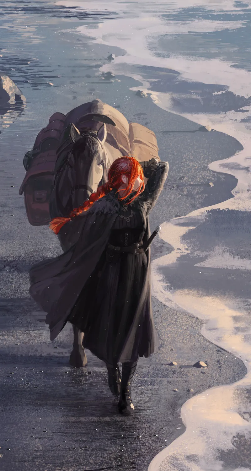 骑士 女人 红发 行走 绘画 马 海滩 手机 壁纸 4974×6217