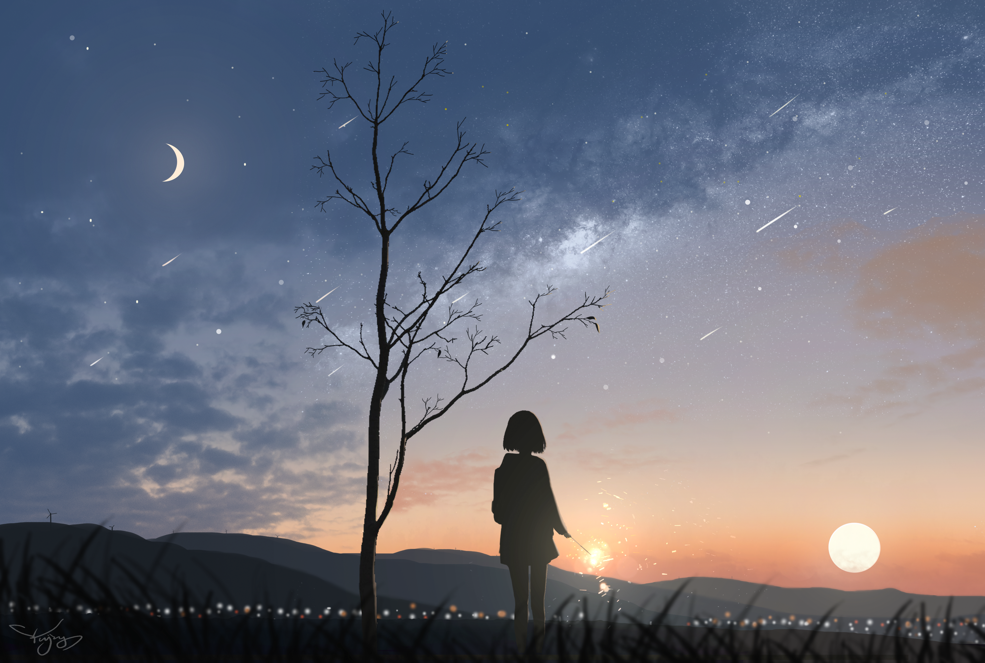 唯美女性 短发 月牙 星空 草 云 动漫 少女 流星 自然 剪影 星星 月亮 太阳 日落 树木 手机壁纸 3840×2586