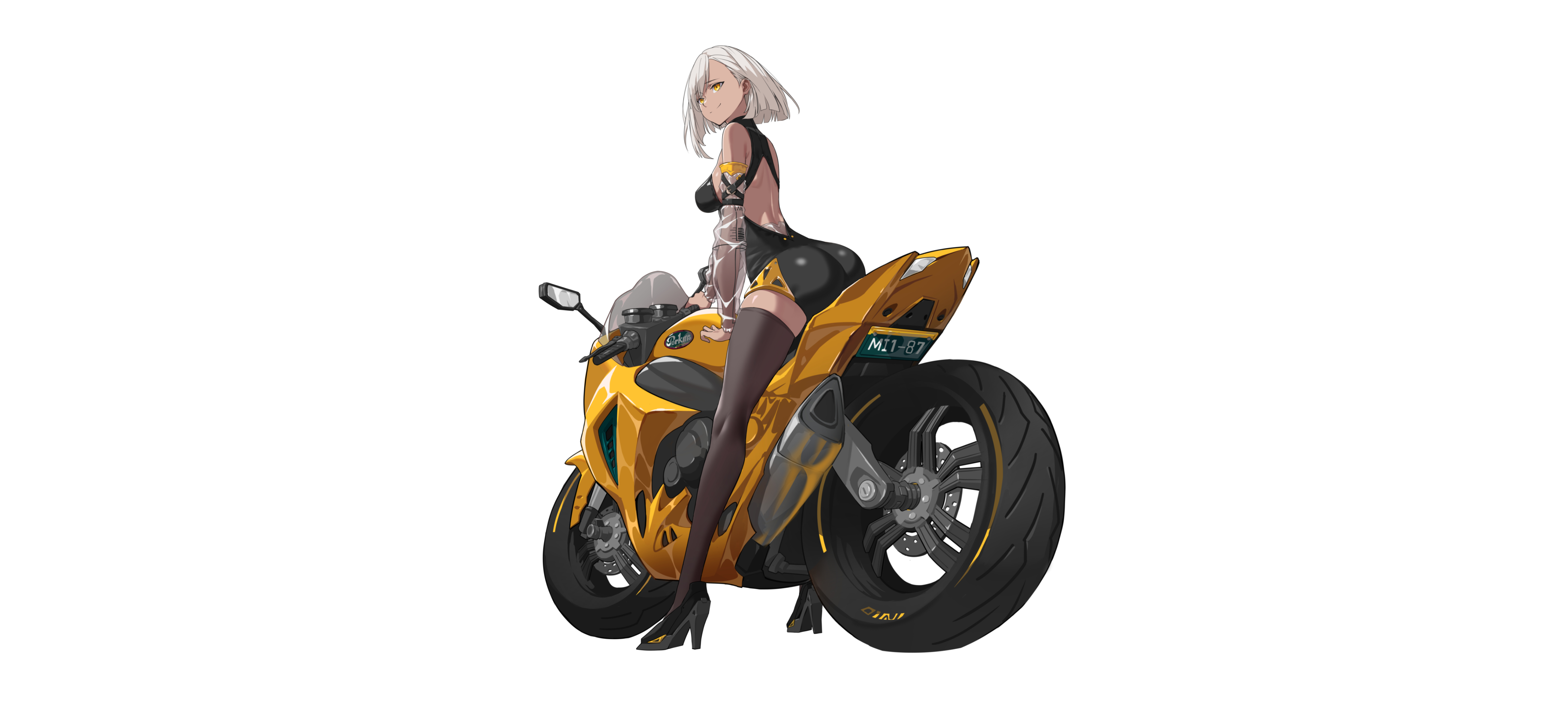 精选骑车 女人 简单背景 女性 角色 超宽 摩托车 高跟鞋 高清壁纸 5224×2351