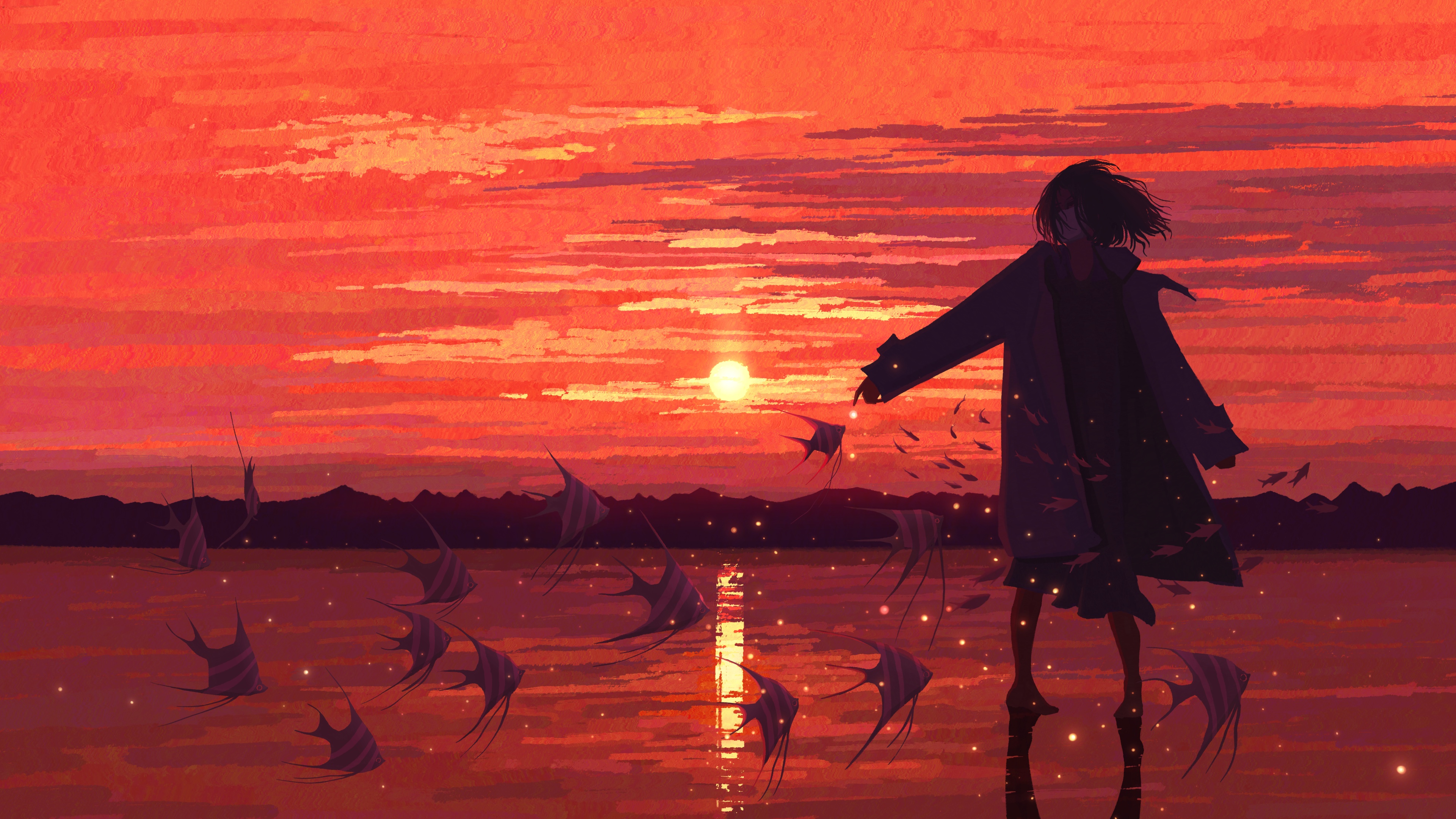 短发 插图 宽屏 日落 夕阳 鱼 剪影 天空 女性 角色 面具 宽松的衣服 壁纸 3840×2160