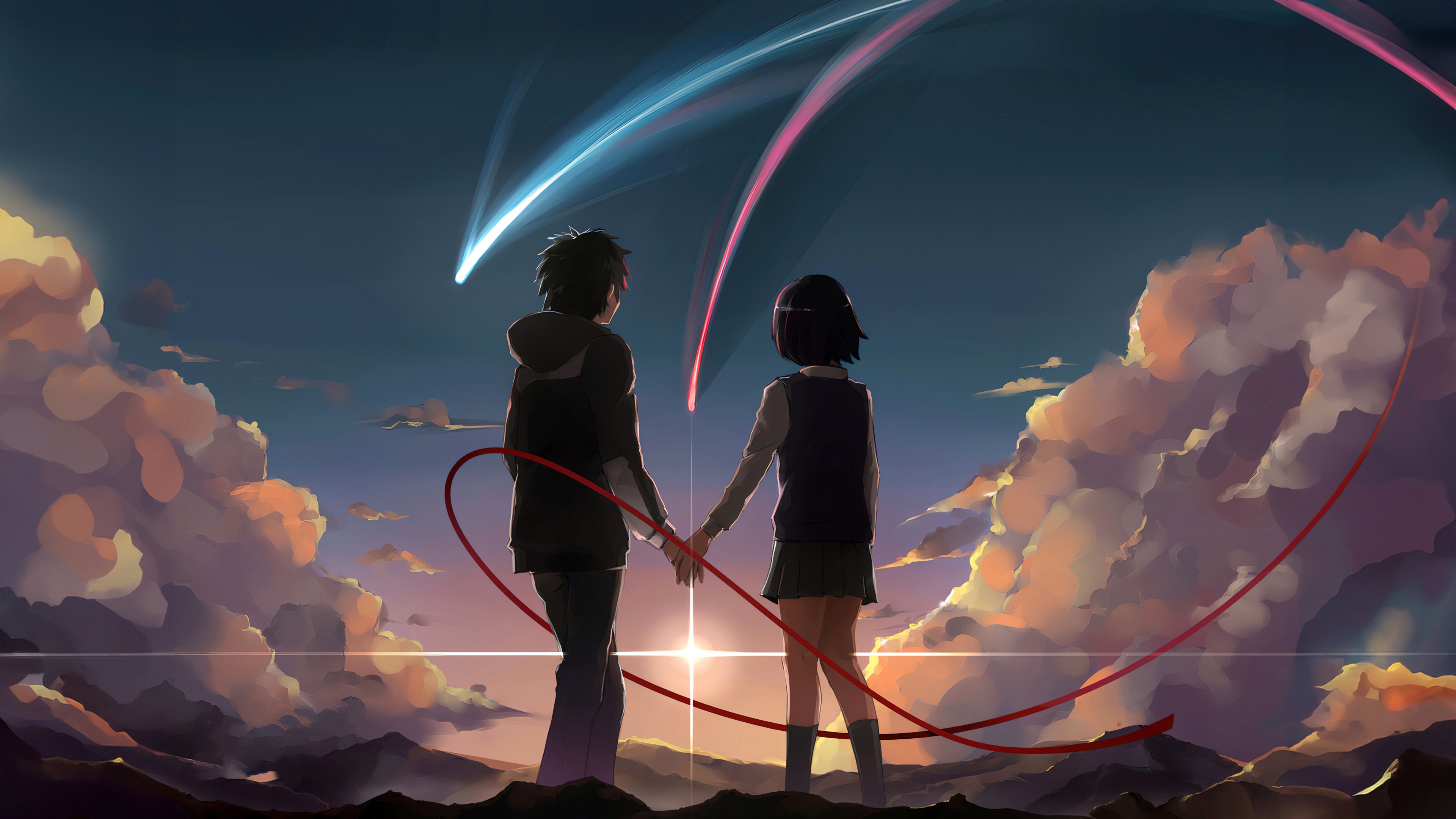 情侣 你的名字 户外 云 红丝带 流星 天空 夕阳 壁纸 3840×2160