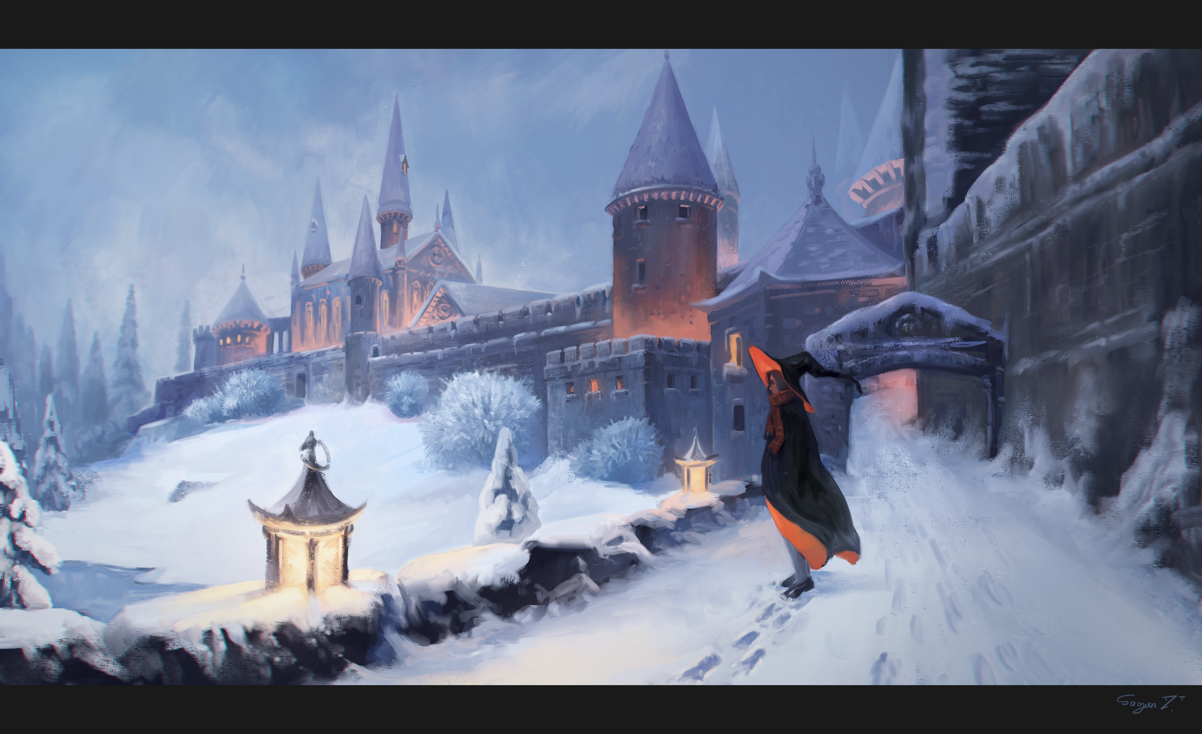 女人 女孩 妇女 插图 城堡 雪 冬天 无水印壁纸 3840×2344