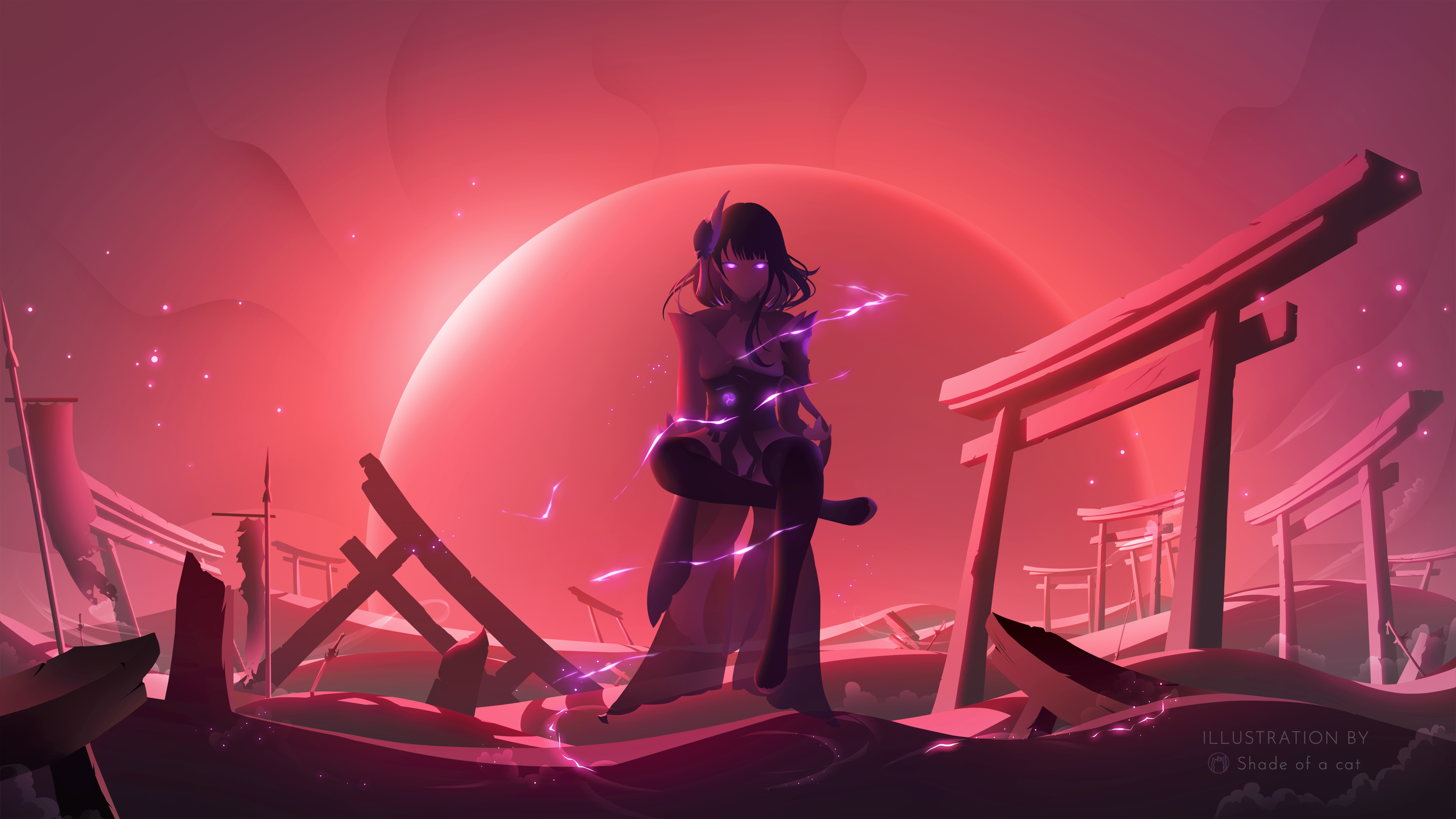 唯美坐着 紫色头发 长发 动漫 女孩 插图 废墟 壁纸 3840×2160