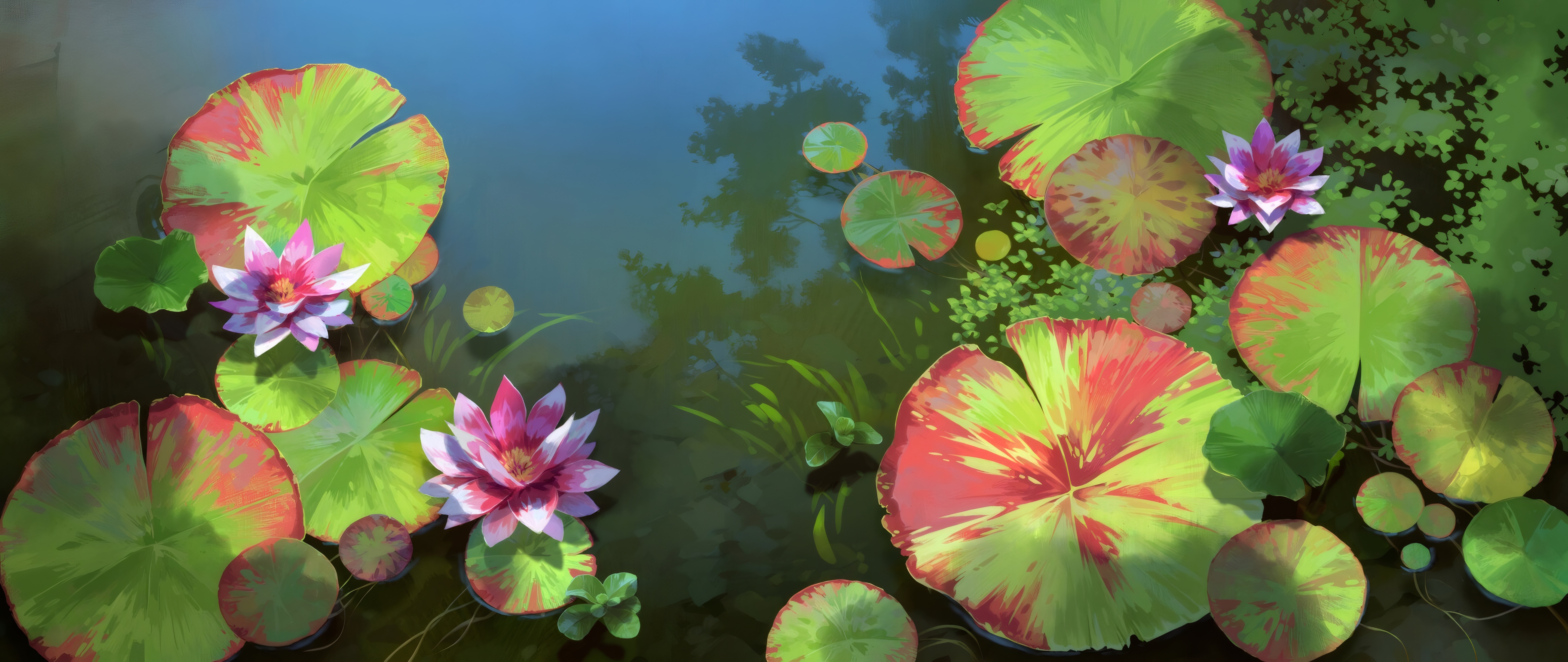睡莲 池塘 运河 杂草丛生 高清壁纸 5760×2430
