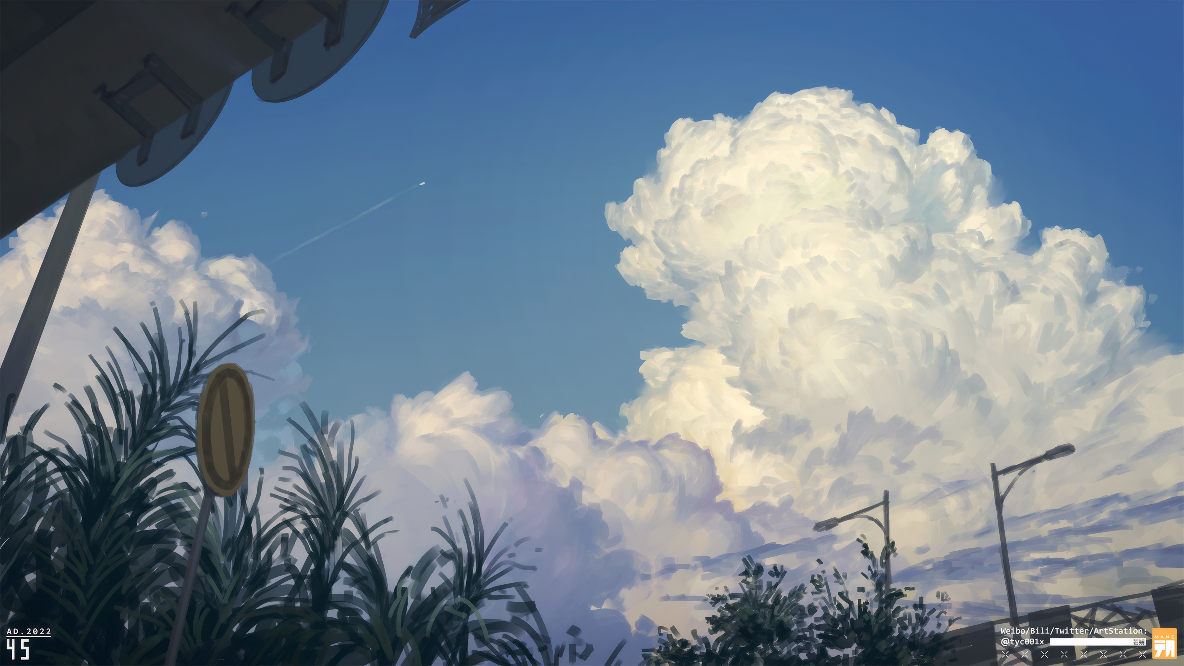 唯美云路 灯 路标 天空 树叶 手机壁纸 3840×2160