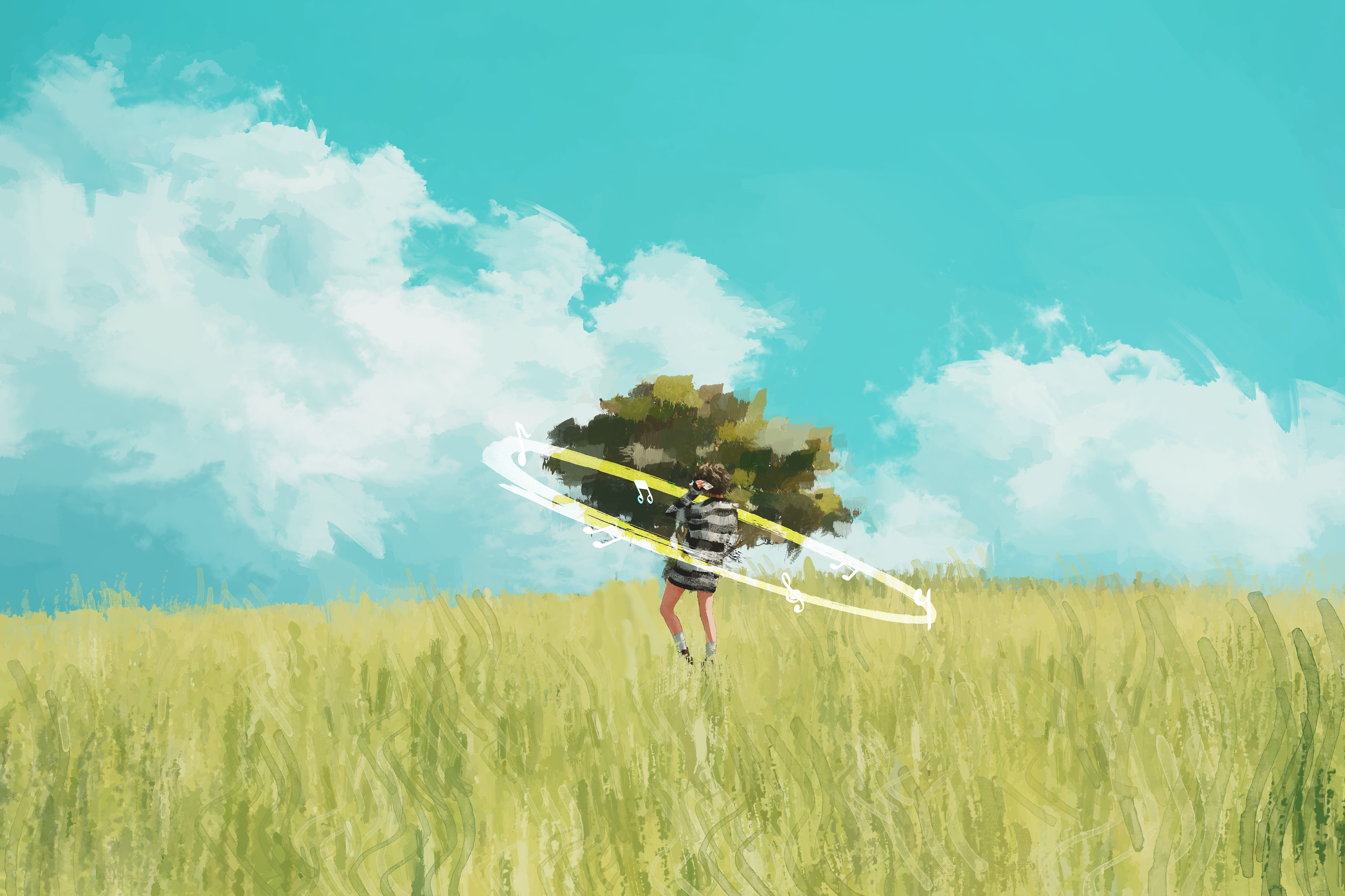 插画 风景 云 树木 音乐 播放器 音乐符号草 孤独 4K高清壁纸 4000×2666