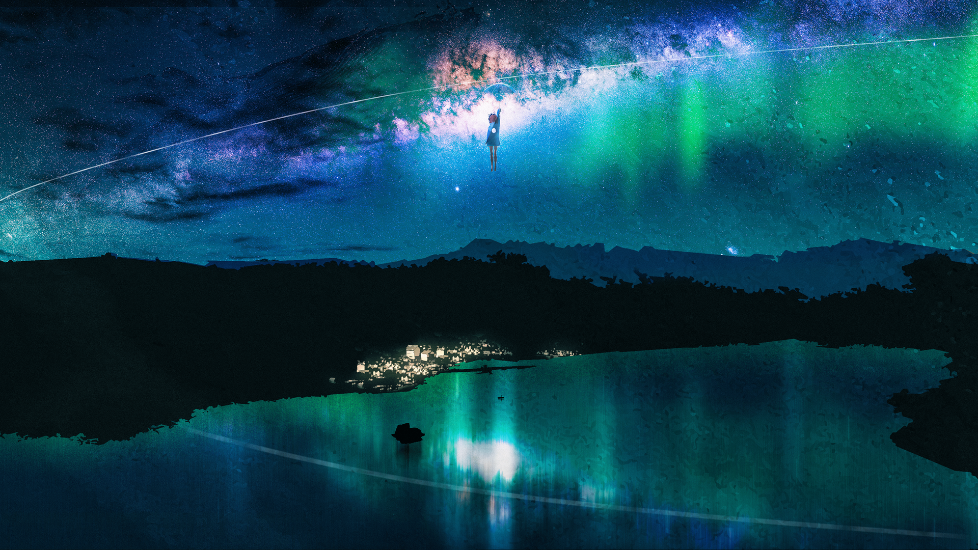 热门打伞 女人 插图 风景 极光 星空 湖泊 飞行 女性 角色 动漫 女孩 雨伞 银河 树木 流星 山脉 星星 倒影 鲸鱼 高清壁纸 5900×2960