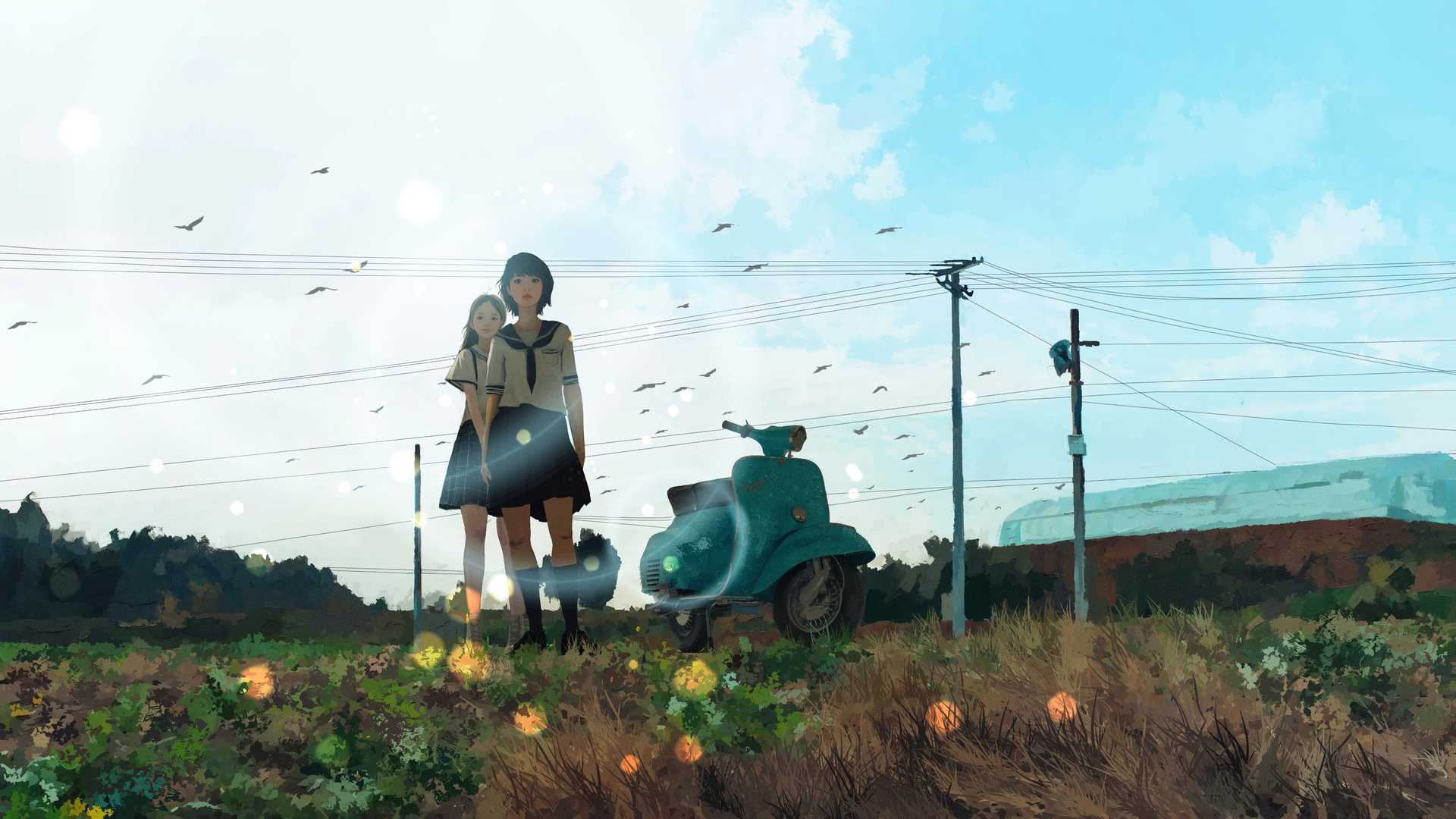 女学生 插画 风景 天空 滑板车 田野 电线 云 鸟 花 高清壁纸 4000×2250