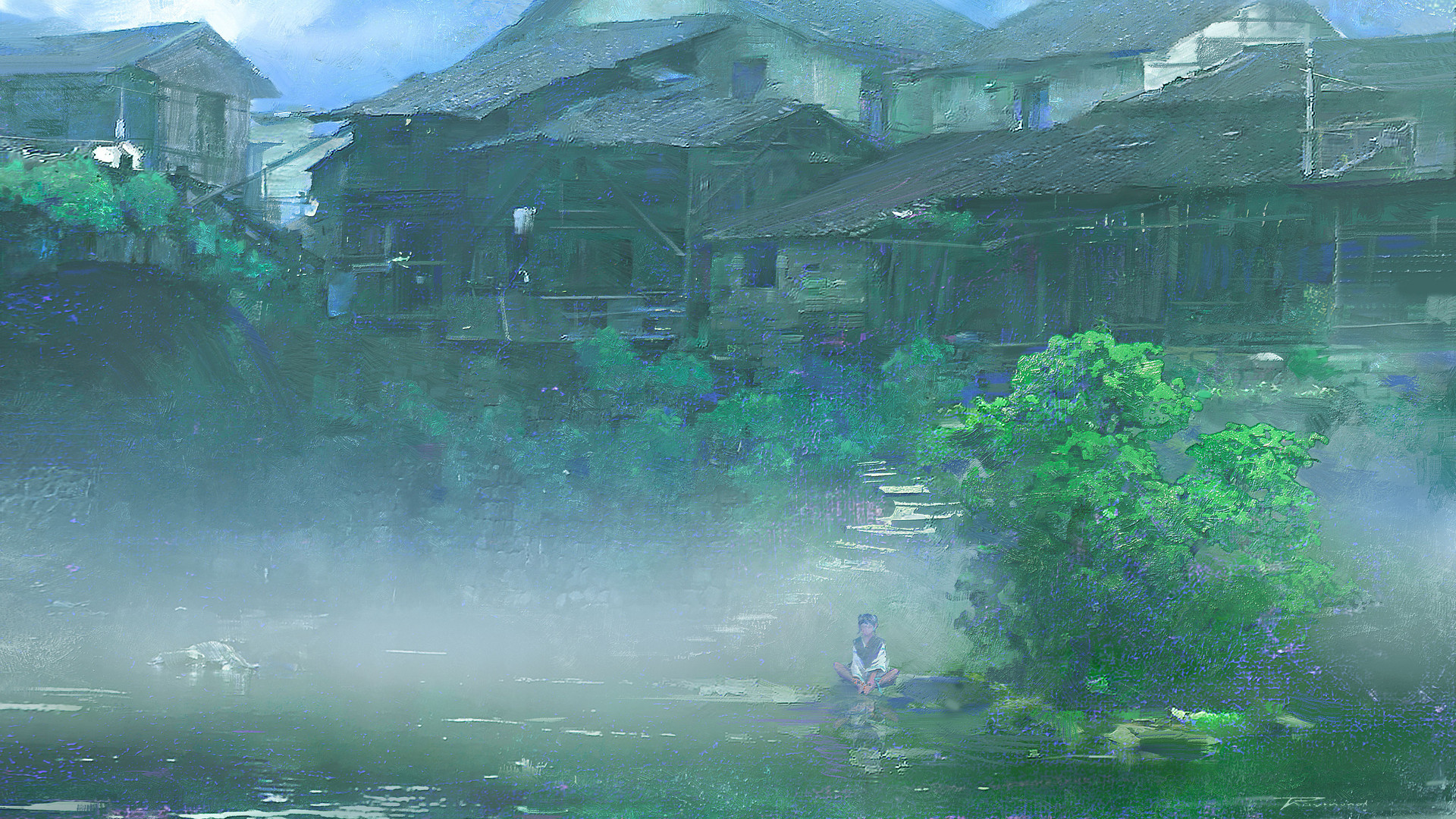 超清艺术 自然 树木 村庄 河边 河流 女孩 小孩 高清壁纸 3840×2235