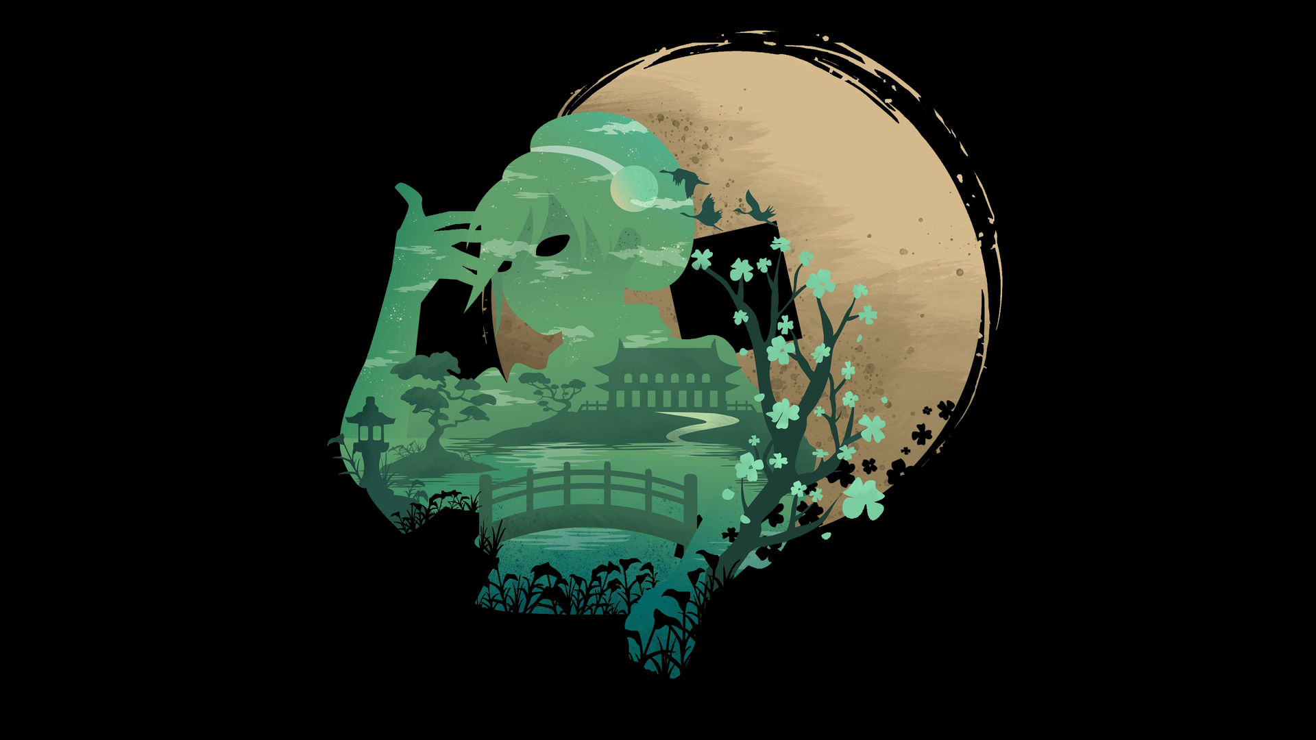 短发 绿色 黑色 画中 花朵 简单背景 桥梁 黑色背景 树枝 水 天空 云 卡通 桌面壁纸 3840×2160