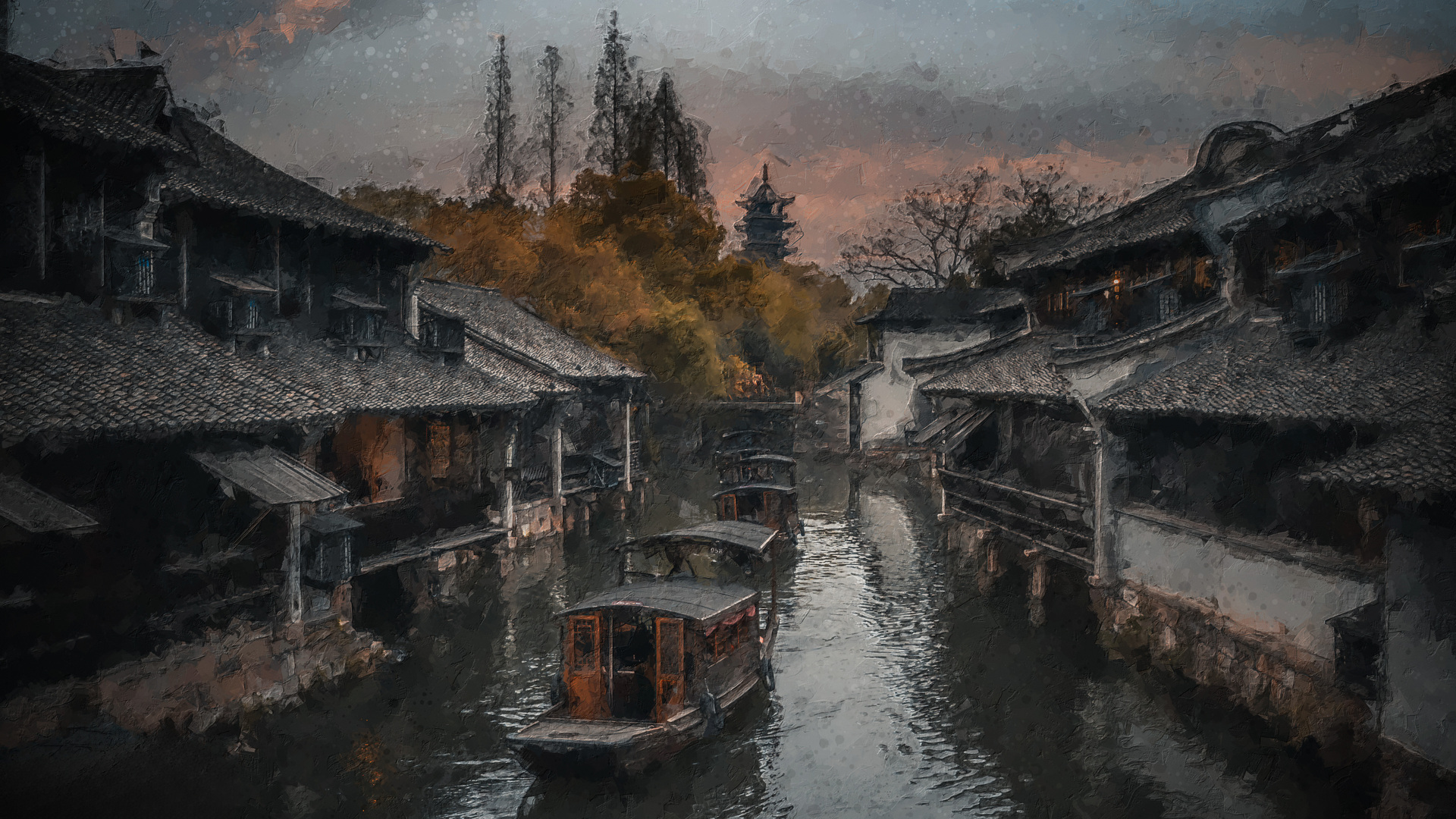 村庄 船 水 倒影 树木 天空 建筑 乌镇 4K高清壁纸 5568×3132