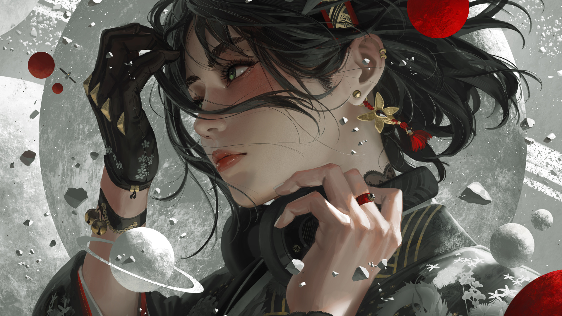 绝美女人 绿眼睛 脸 绘画 特写 耳机 行星 卫星 耳环 手套 流苏 黑发 头带 4K壁纸 10000×6818
